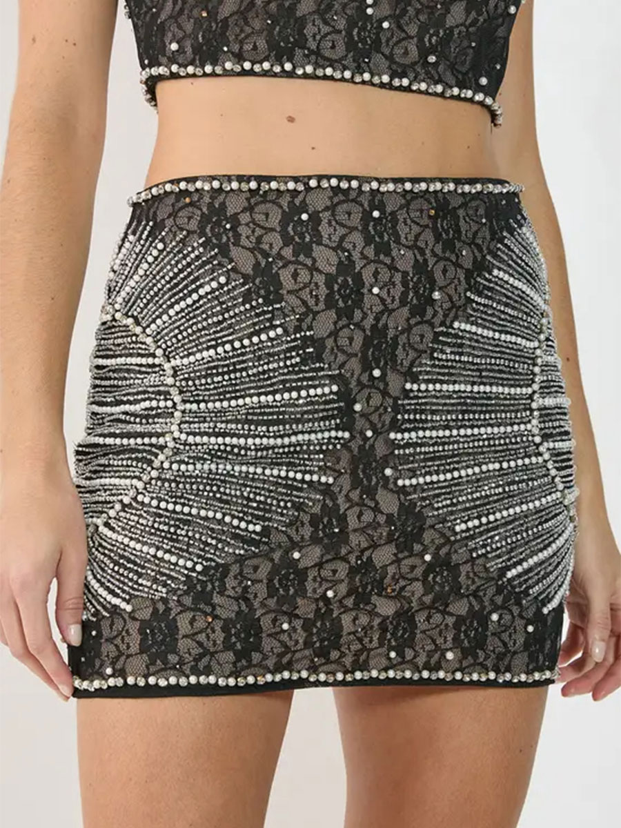 Women's Black Lace Pearl-Detailed Mini Skirt - notariosoax