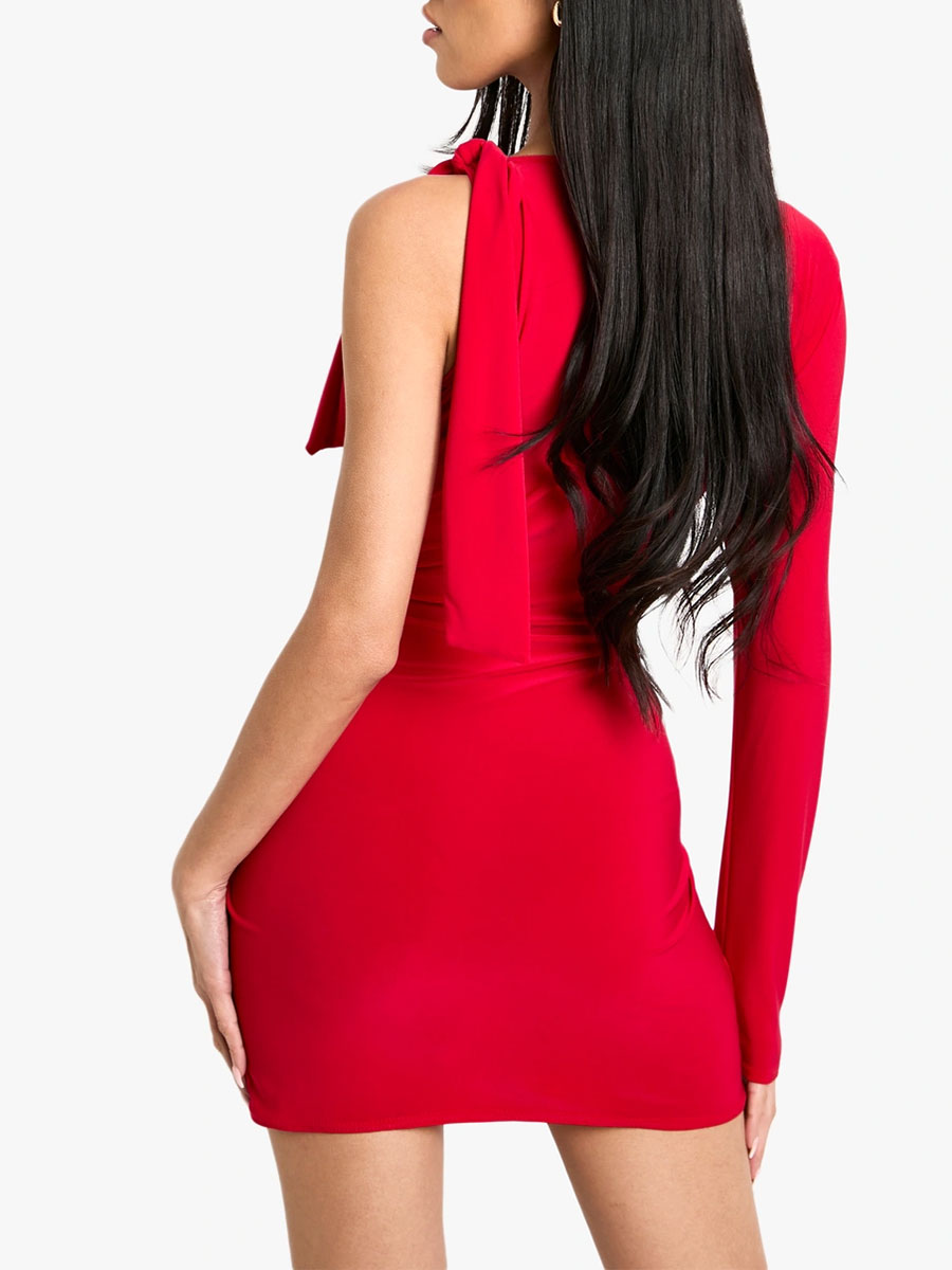 Red One Shoulder Ruched Bodycon Mini Dress - notariosoax