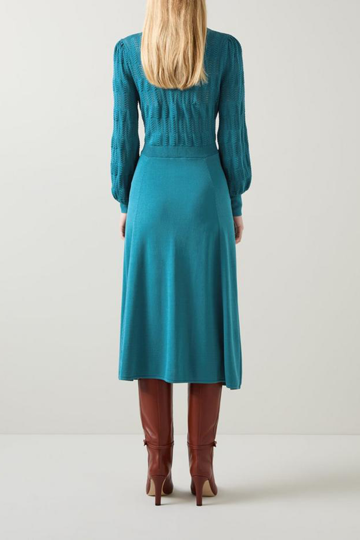 Teal Tie Neck Long Sleeve Midi Dress - notariosoax