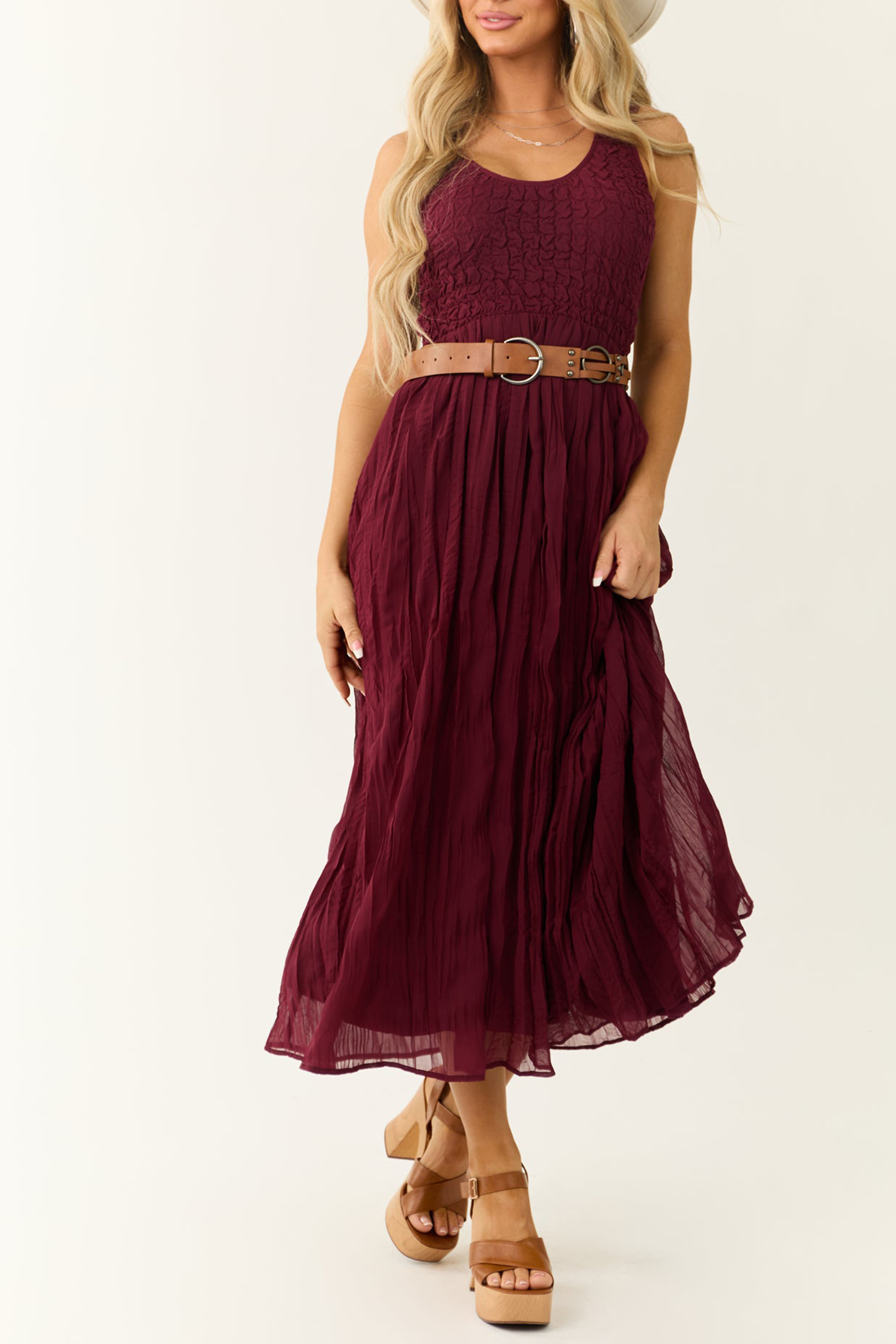 Wine Sleeveless Smocked Scoop Neck Maxi Dress - notariosoax