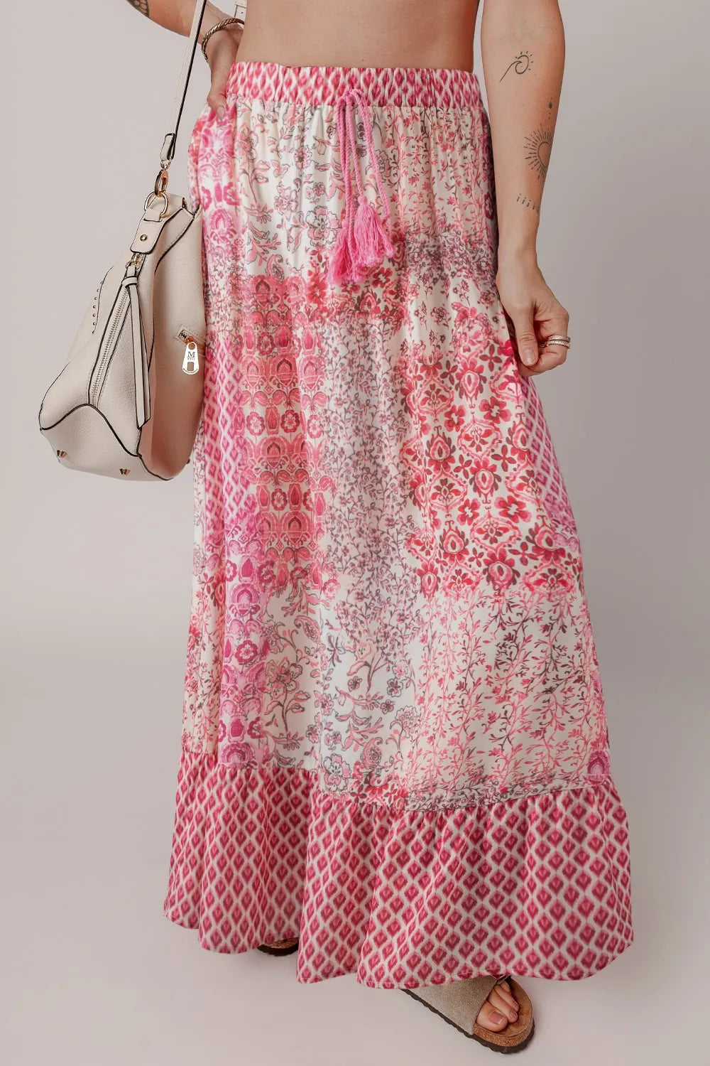 Printed Tassel Drawstring High Waist Maxi Skirt - notariosoax