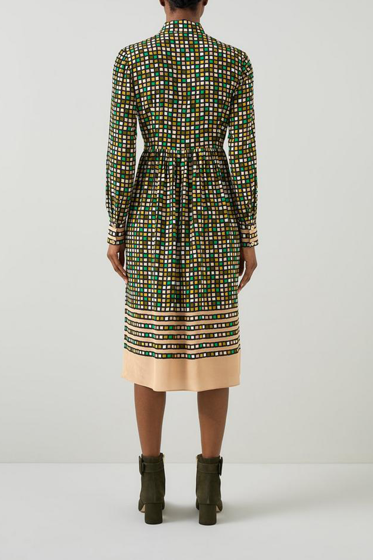 Green Checkered Tie Neck Two Tone Dress - notariosoax