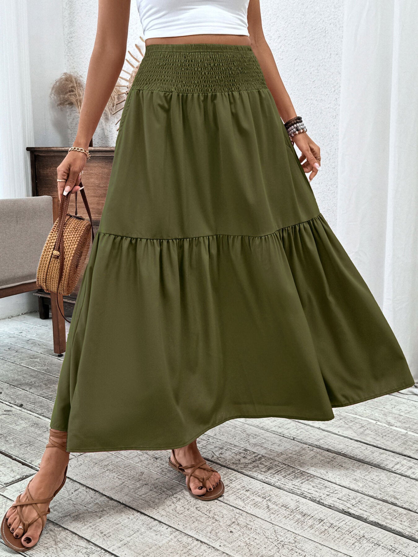 Tailored Smocked Ruffle Trim Detail Skirt - notariosoax