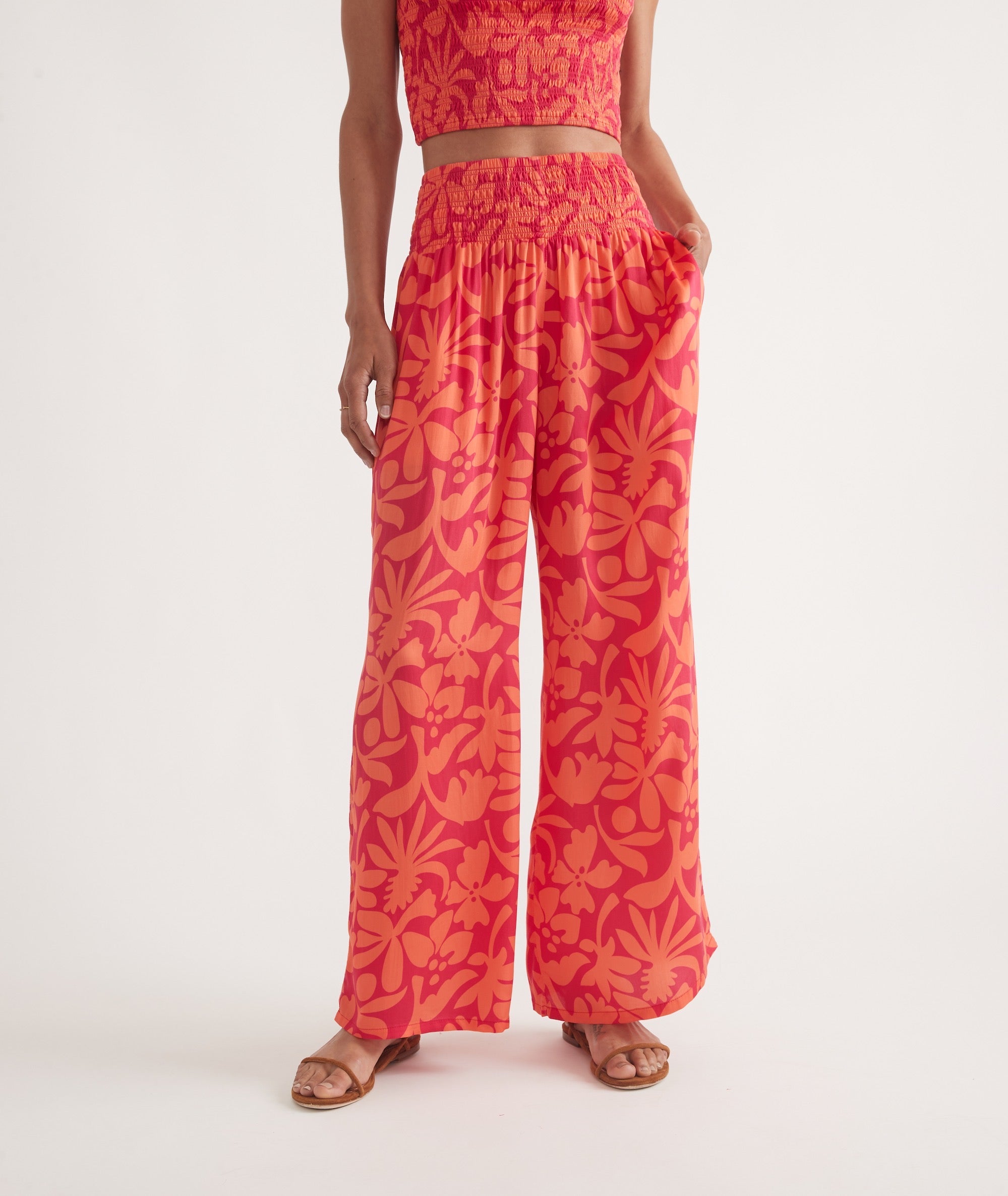 Coral Floral Print Palazzo Trousers - notariosoax