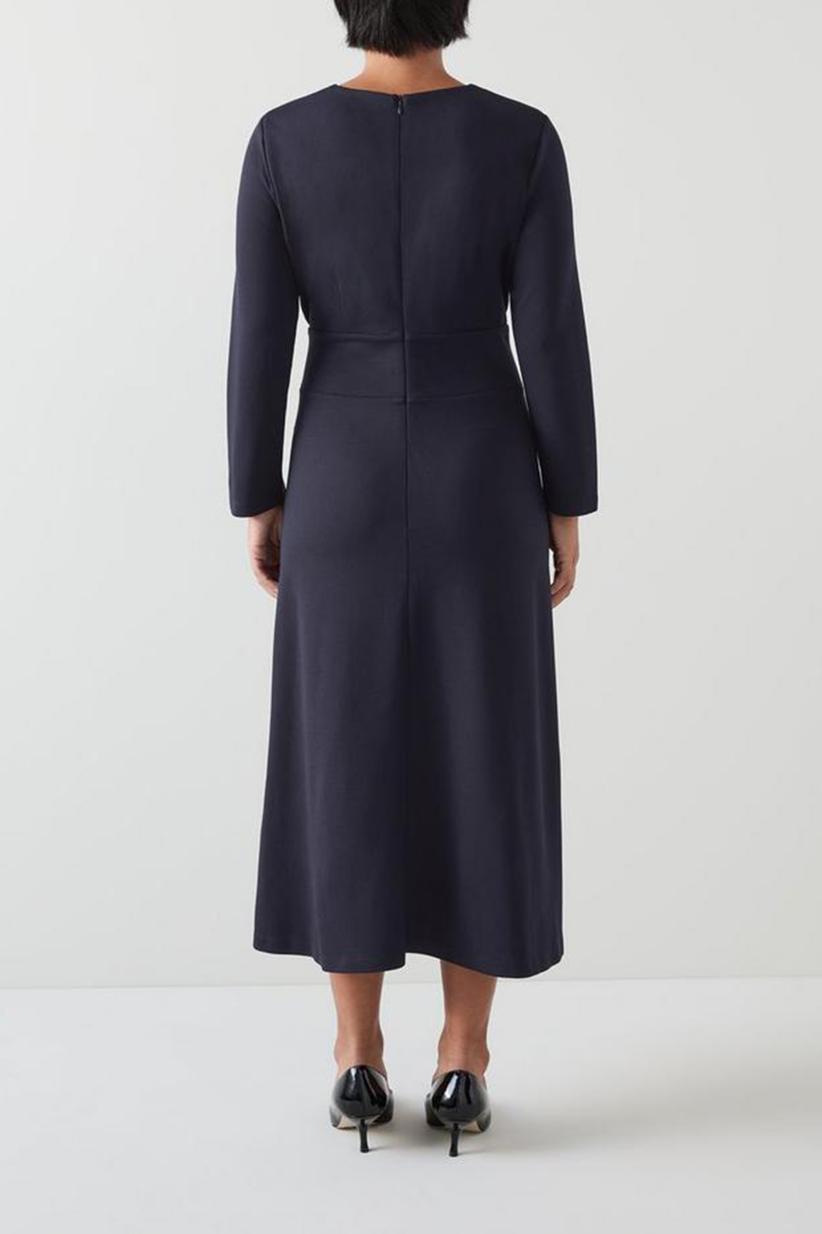 Navy Blue Long Sleeve V Neck Midi Dress - notariosoax