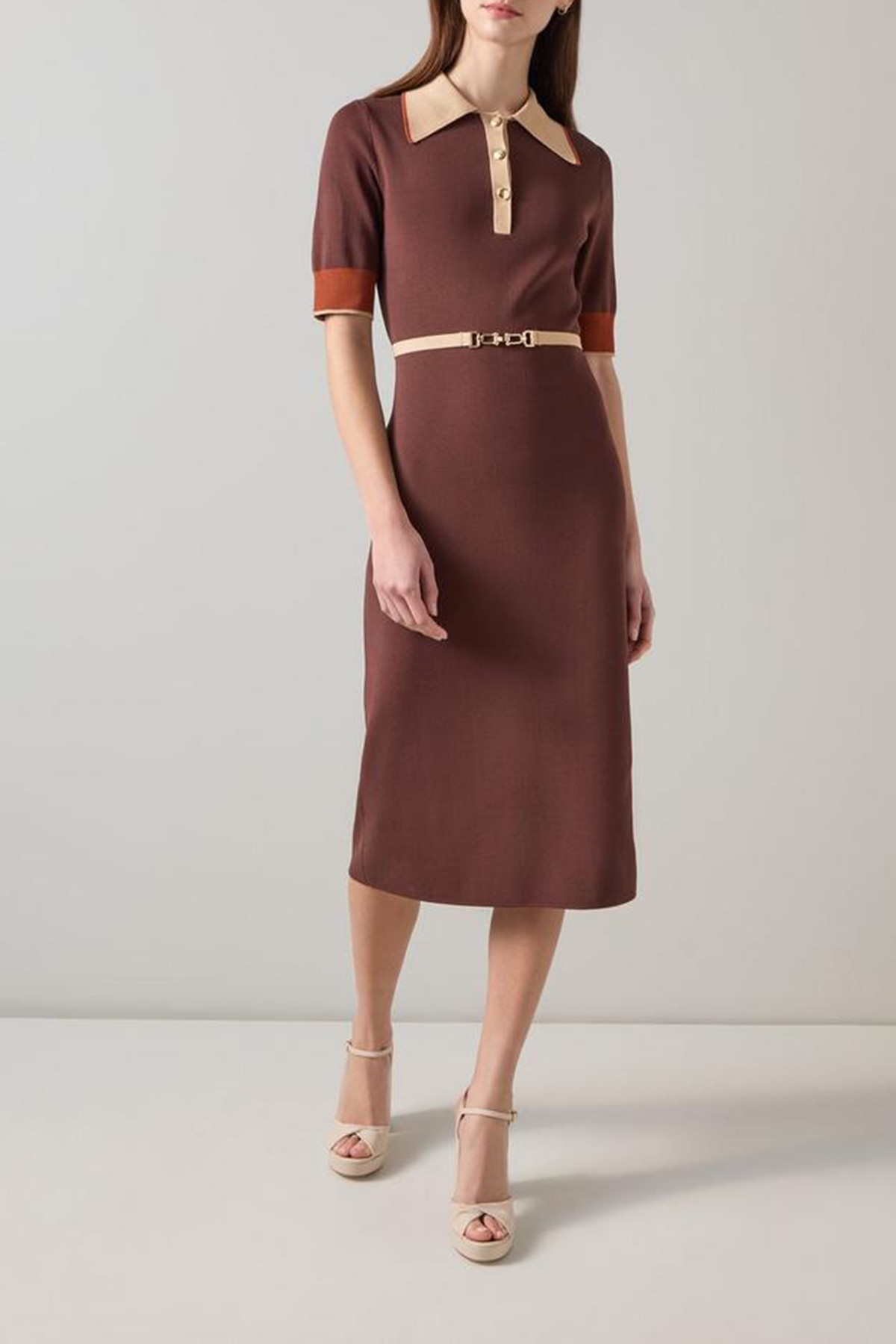 Brown Contrast Collar Short Sleeve Midi Dress - notariosoax