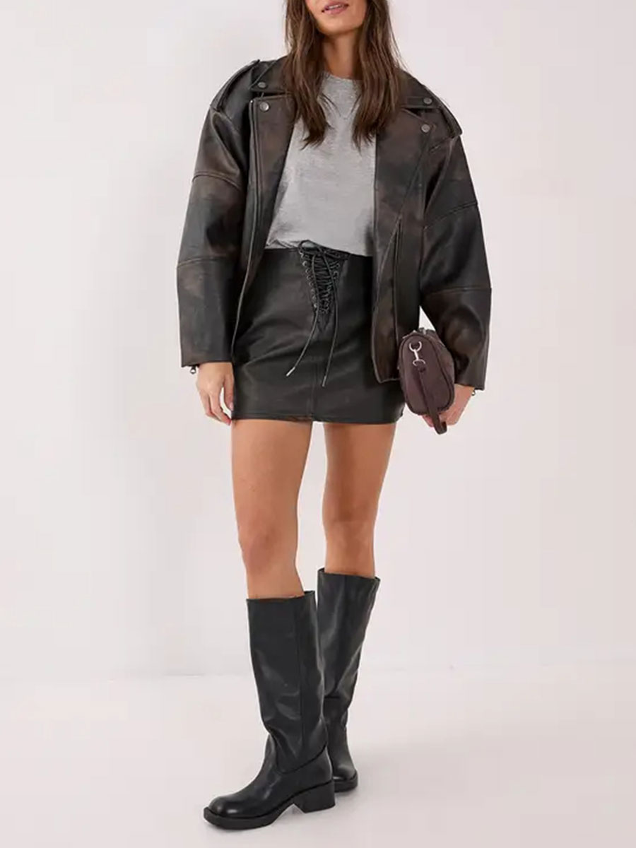 Women's Black Leather Front-Lace Mini Skirt - notariosoax