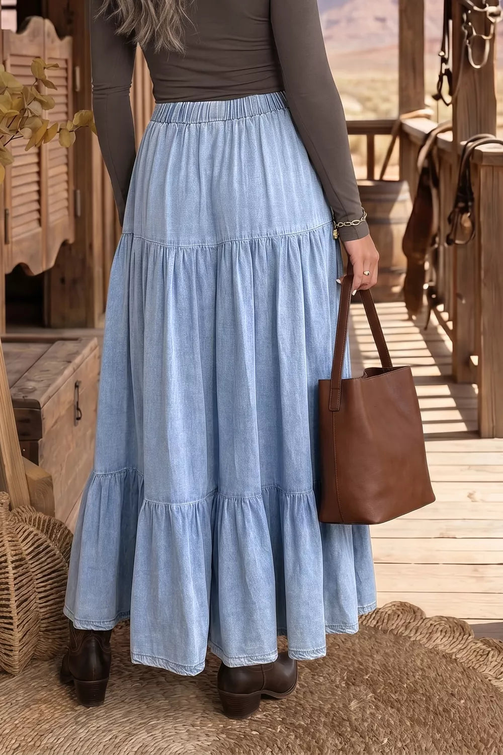 Elastic Waist Ruffled Tiered Flared Maxi Skirt - notariosoax