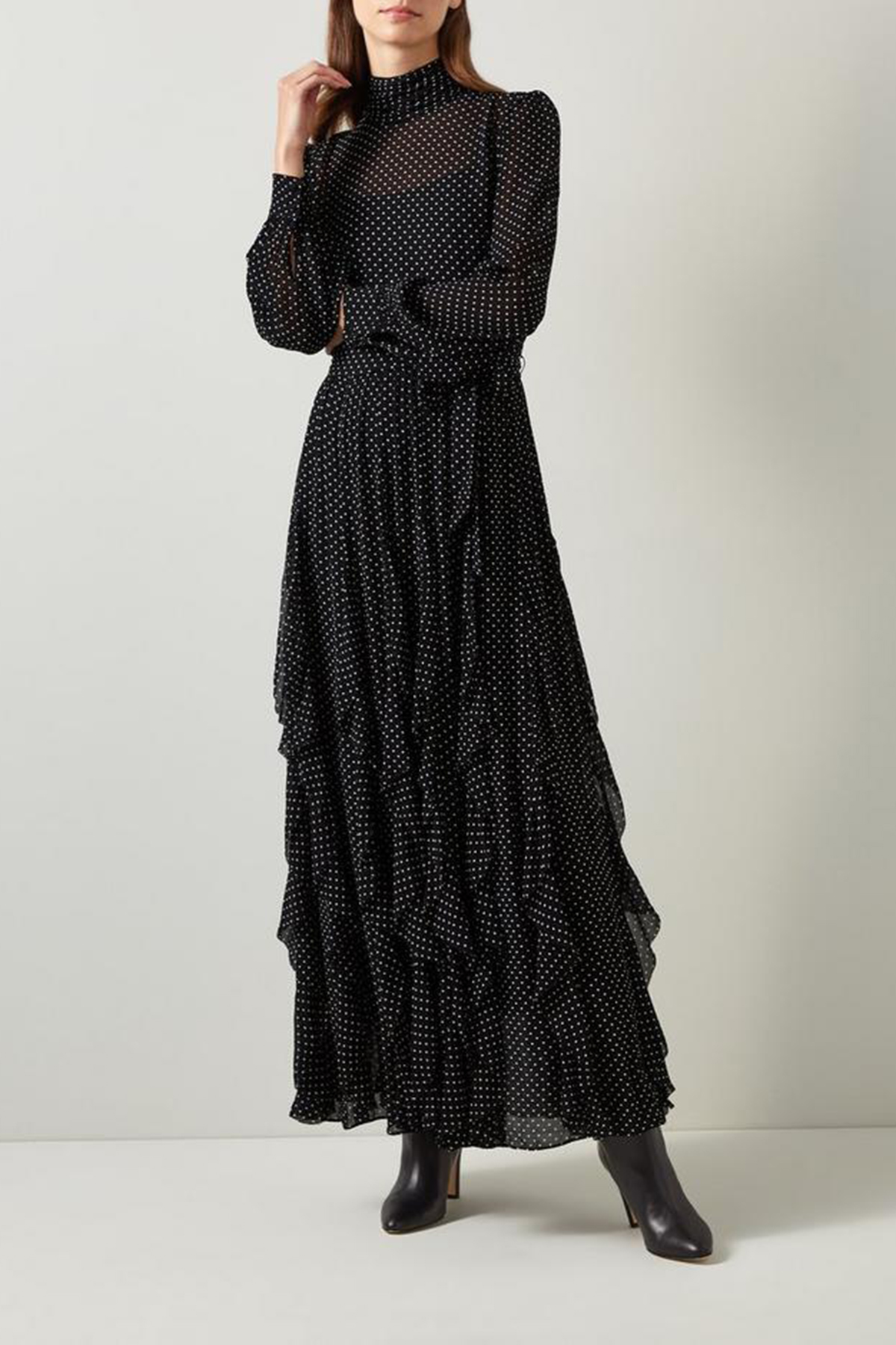 Black Polka Dot Ruffled Maxi Dress - notariosoax