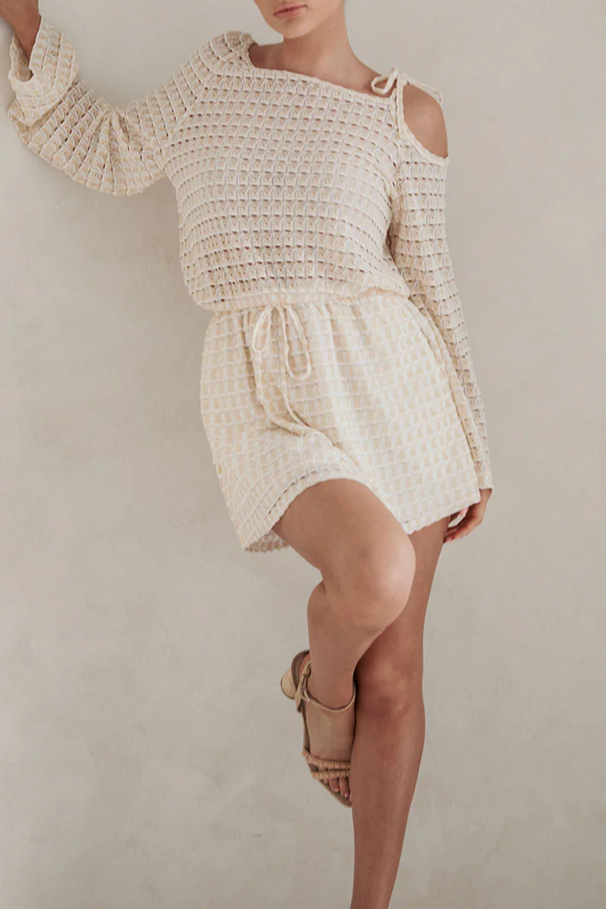 Off Shoulder Textured Long Sleeve Mini Dress - notariosoax