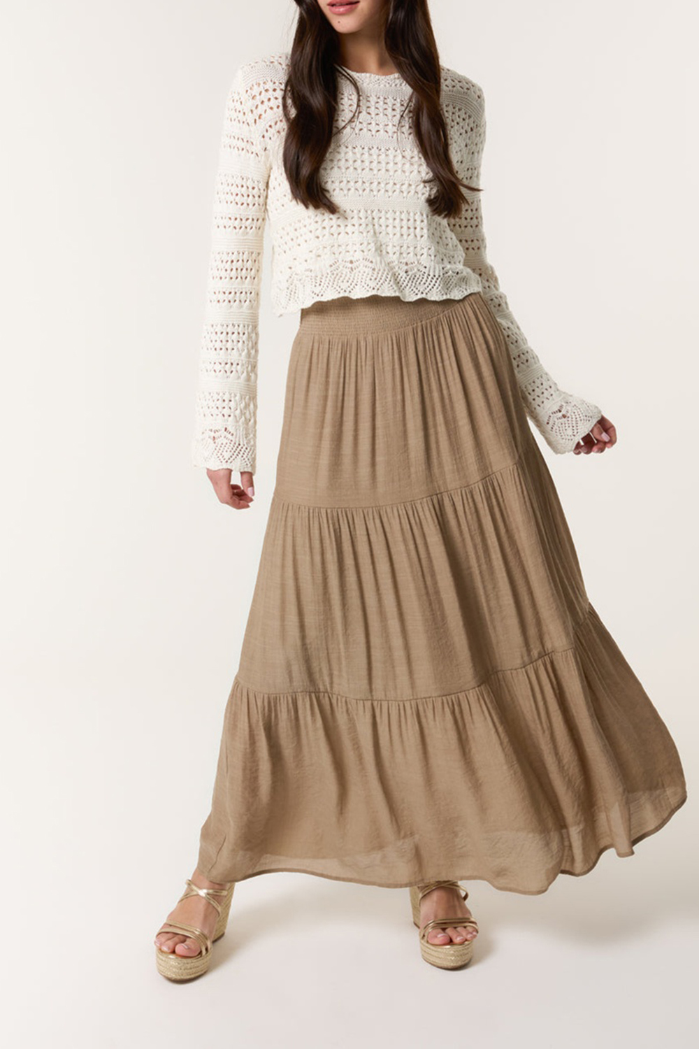 Women's Light Brown Pleated Waist Cake Layered Long Skirt - notariosoax