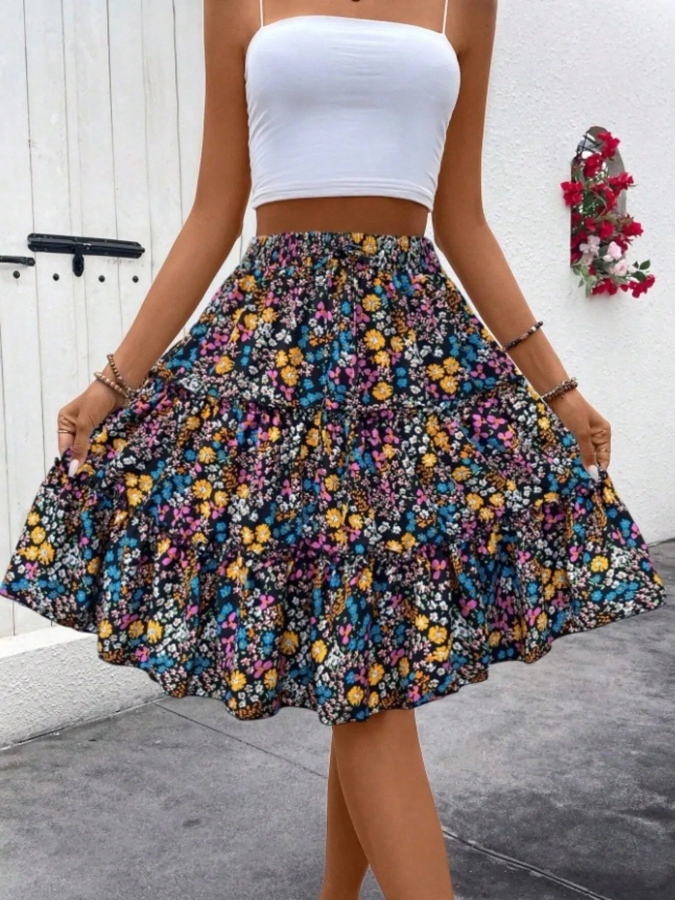 Textured Ruffle Trim Printed Silhouette Skirt - notariosoax