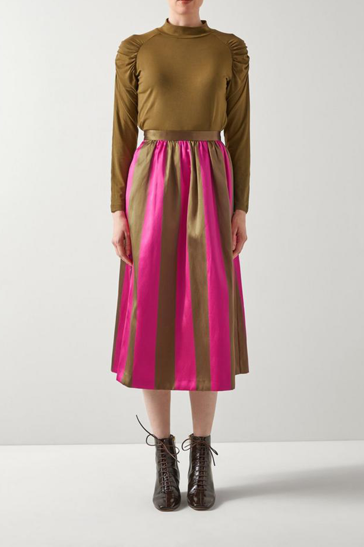 Olive & Magenta Striped Satin Midi Skirt - notariosoax