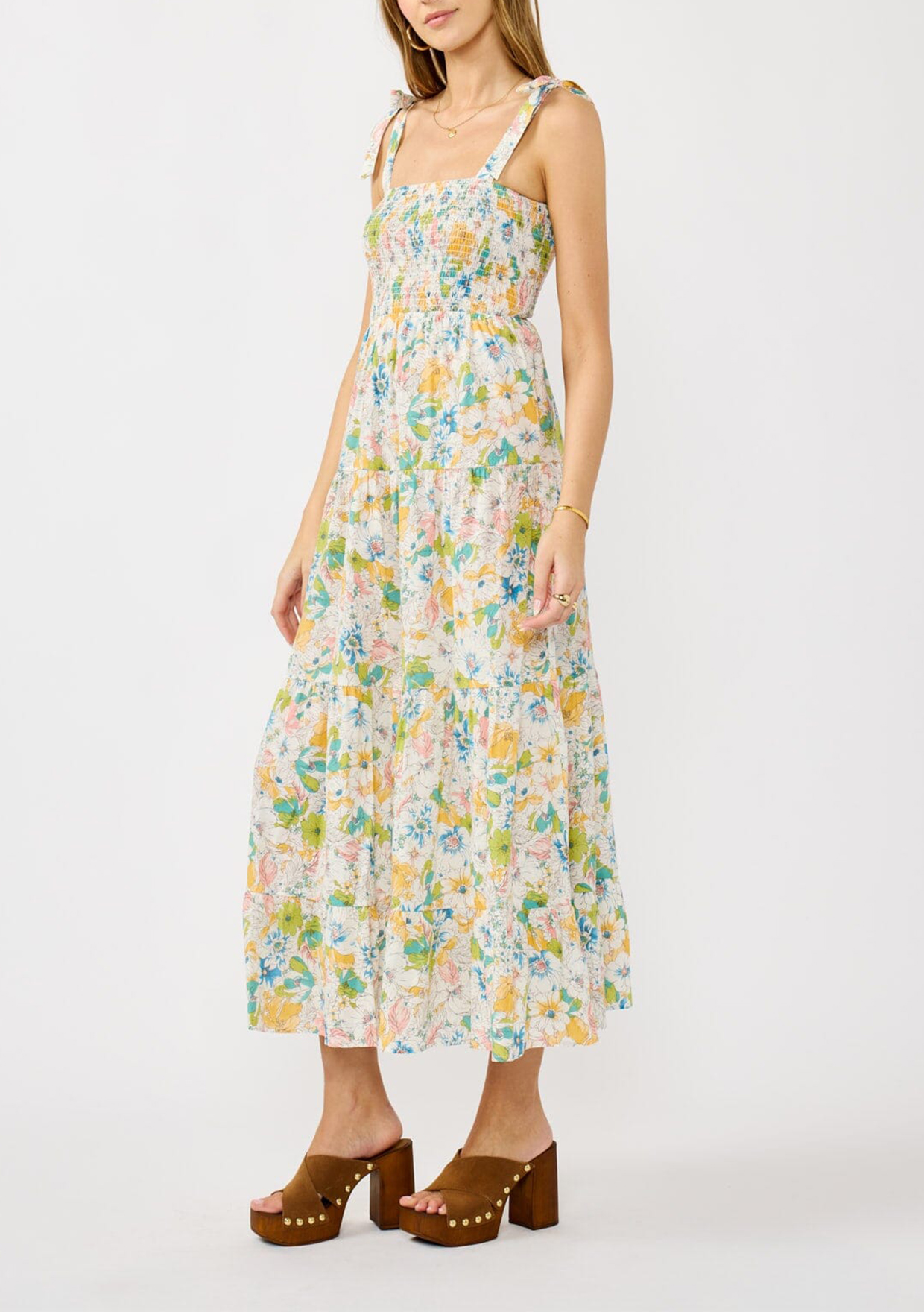 Smocked Tied Shoulder Maxi Dress - notariosoax