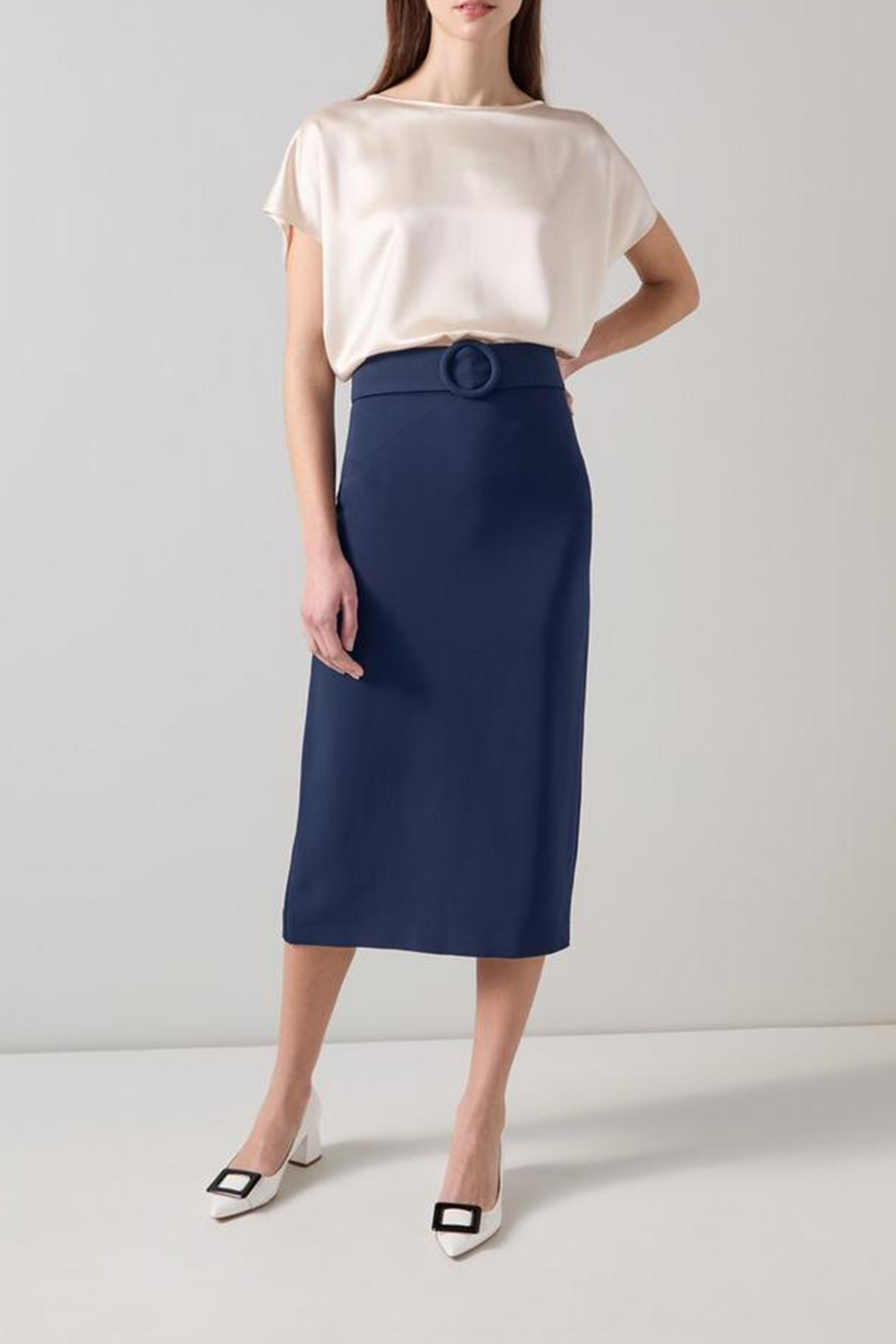 Navy Blue Belted Pencil Midi Skirt - notariosoax