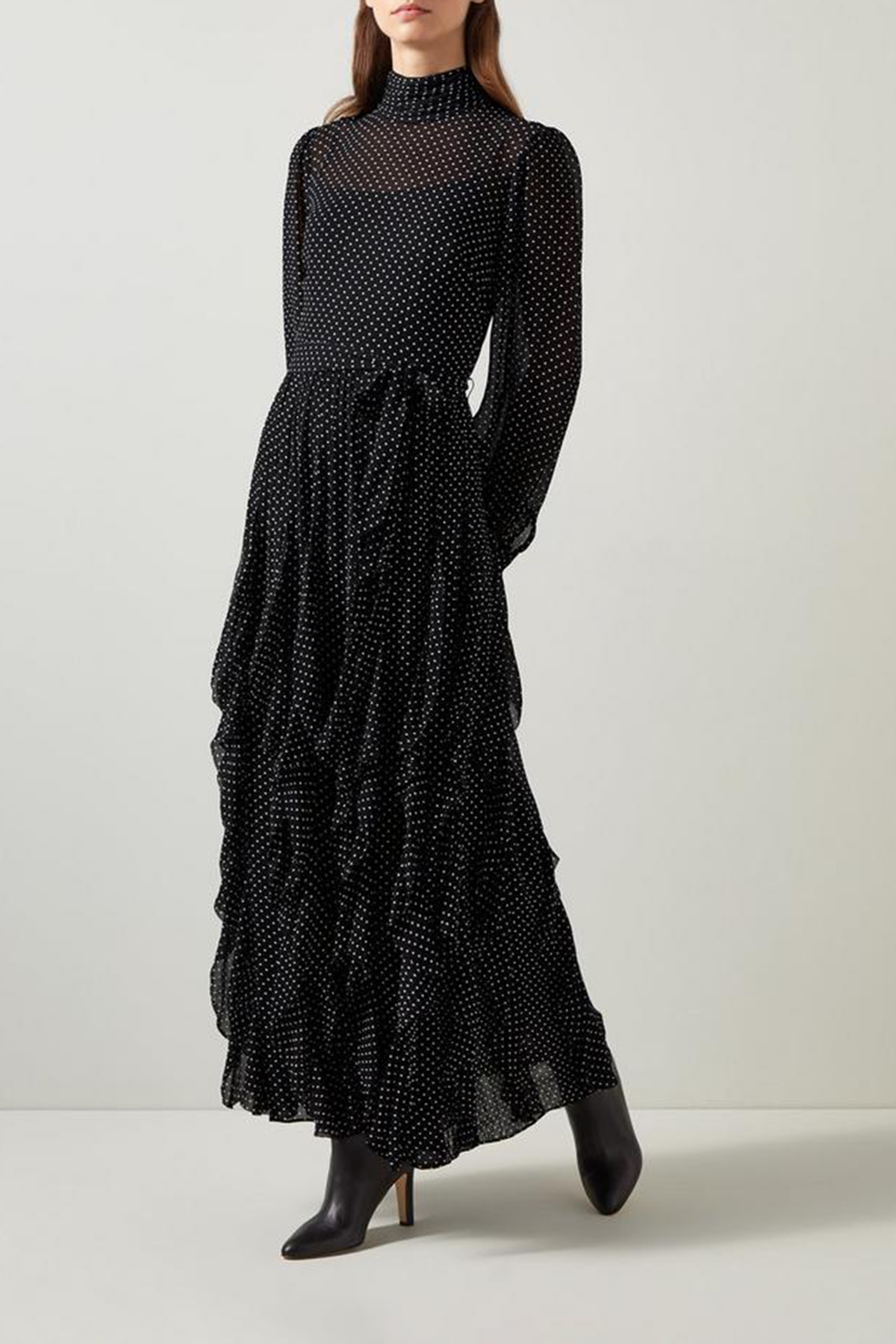 Black Polka Dot Ruffled Maxi Dress - notariosoax