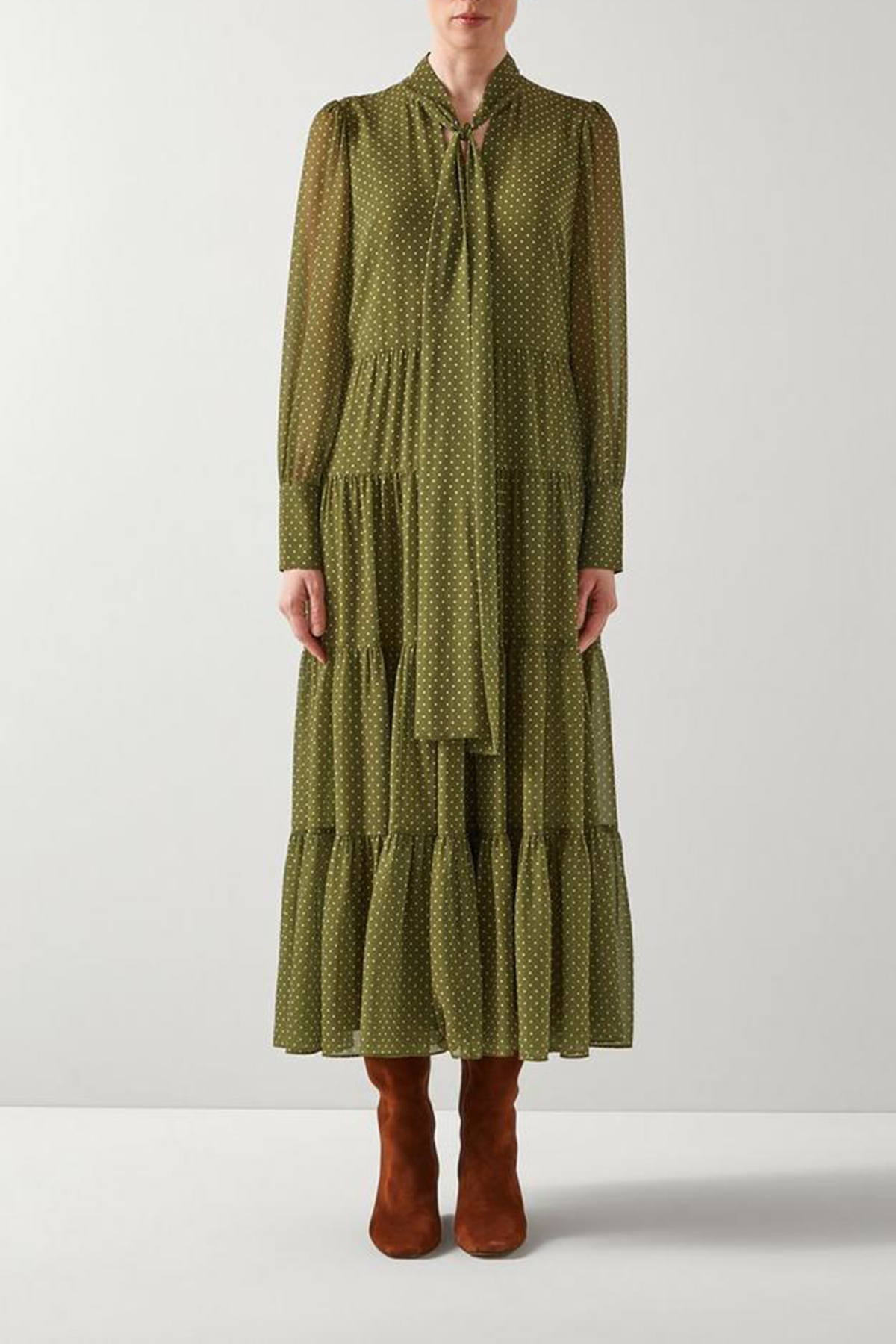 Green Polka Dot Tie Neck Tiered Dress - notariosoax