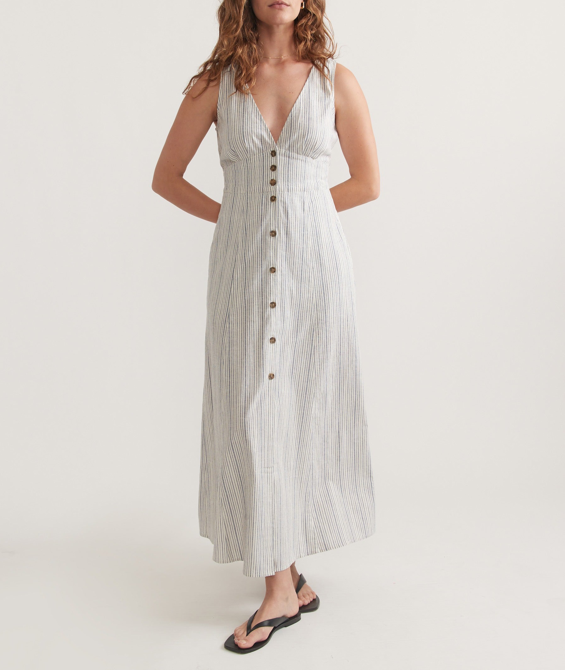 Striped Button-Front V-Neck Maxi Dress - notariosoax
