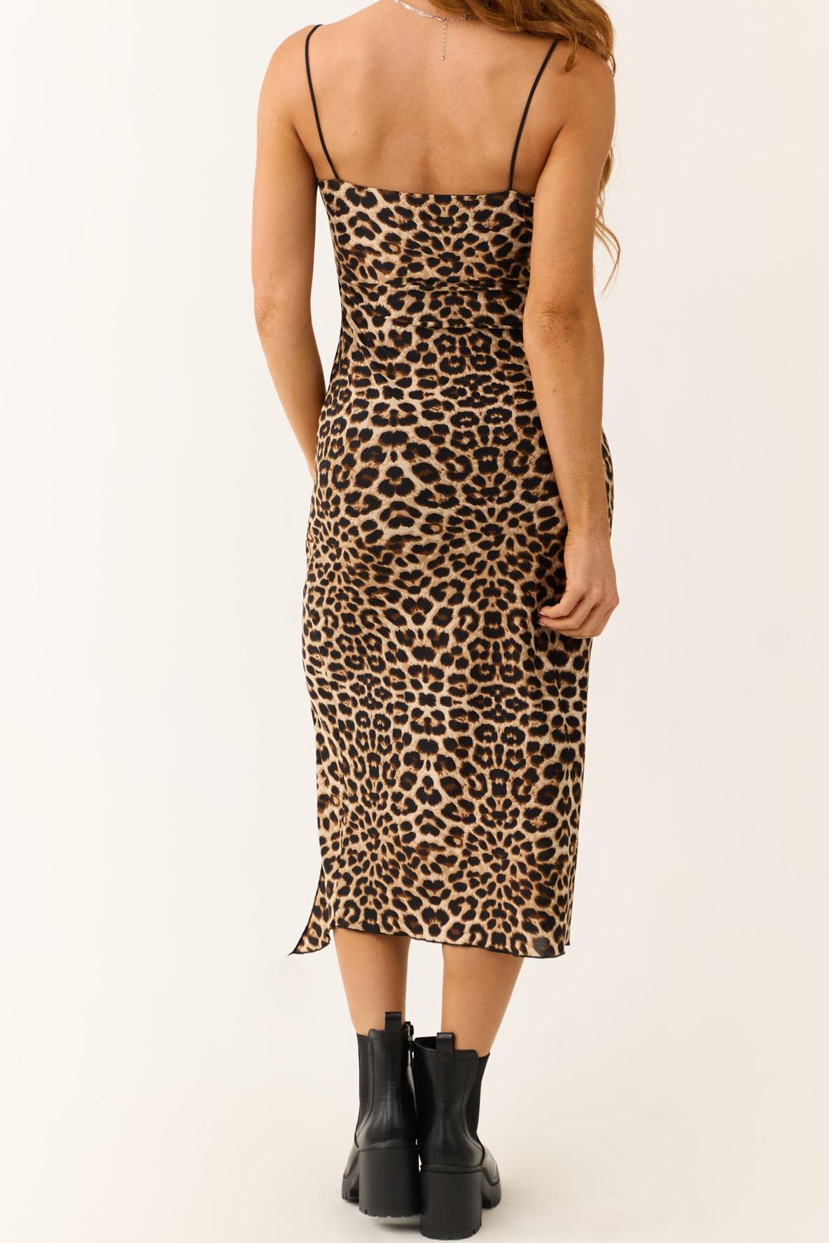 Camel Leopard Print Sleeveless Fitted Midi Dress - notariosoax