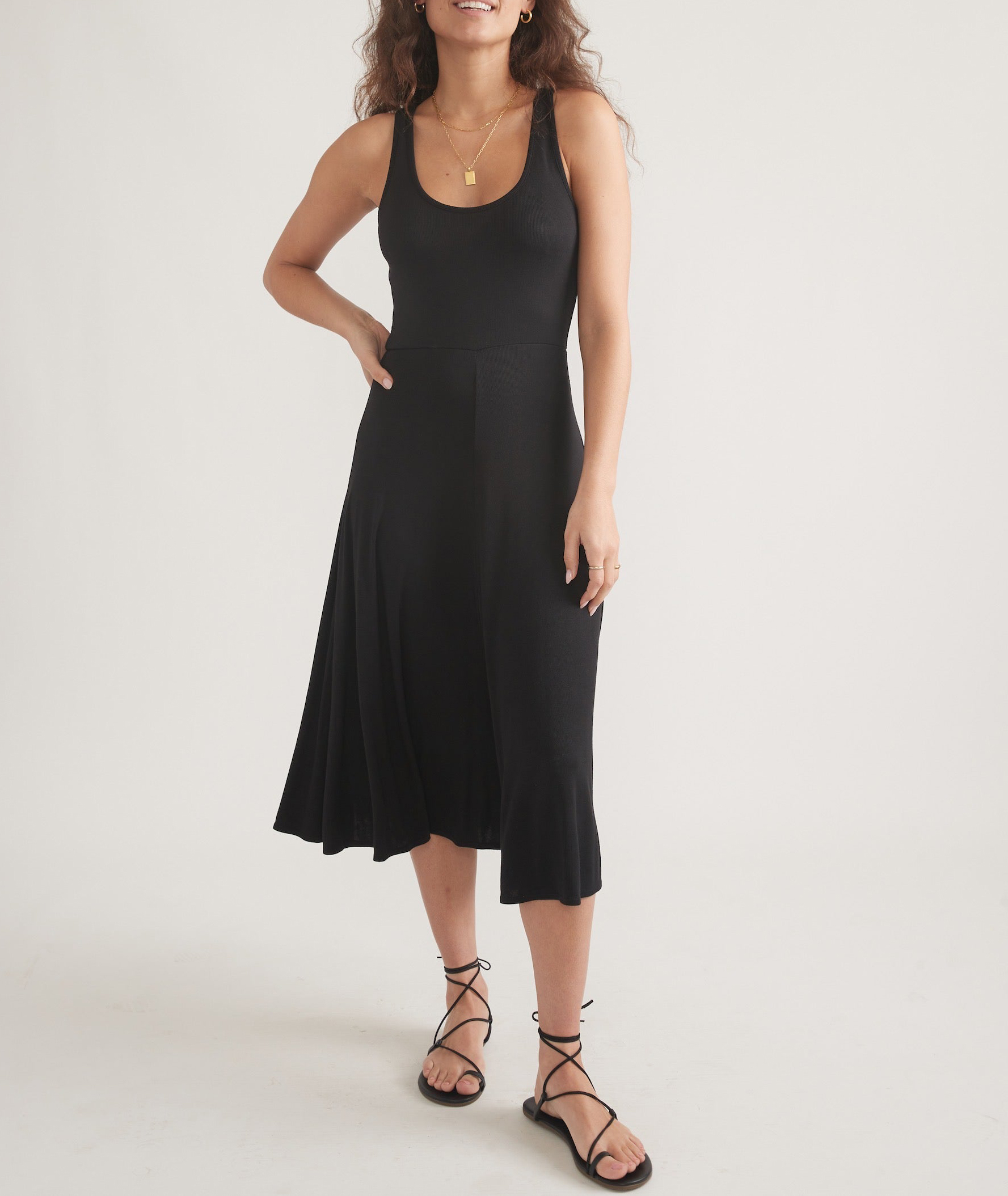 Black Sleeveless A-Line Midi Dress - notariosoax