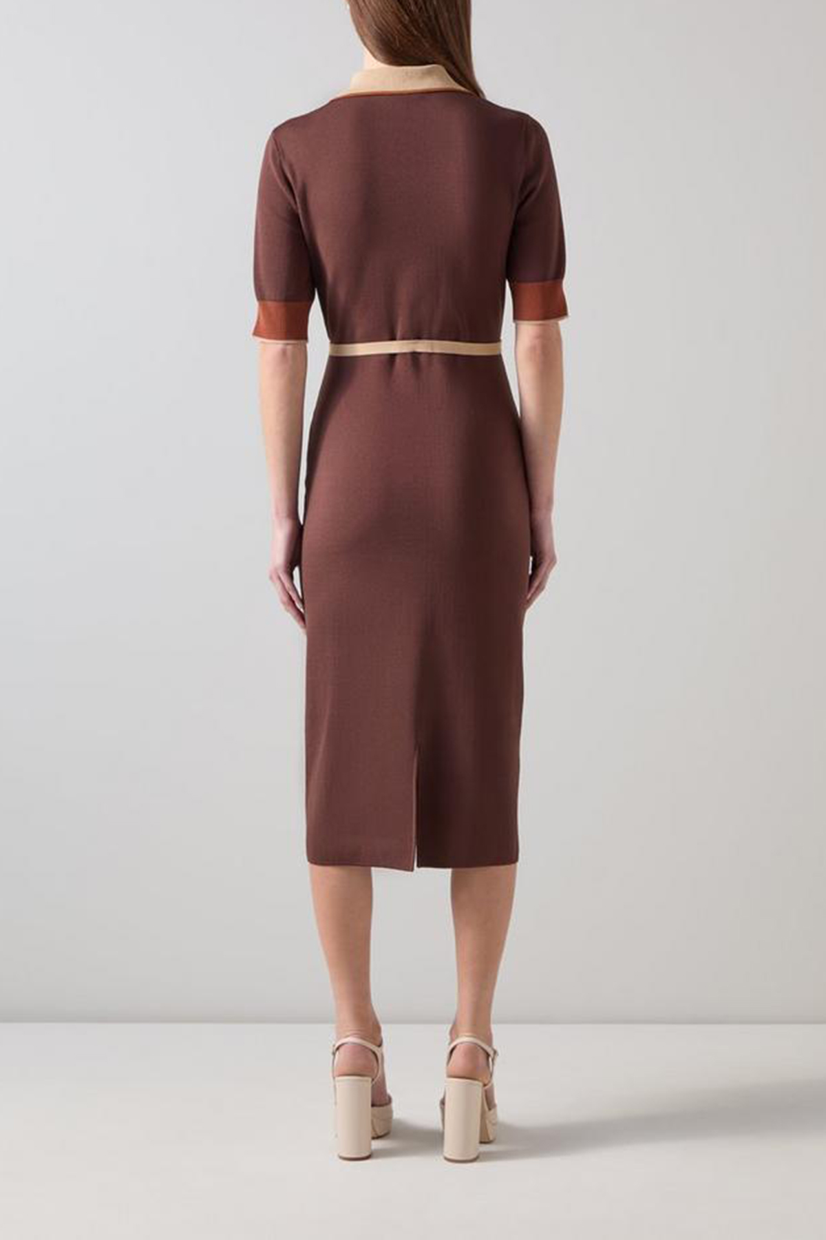 Brown Contrast Collar Short Sleeve Midi Dress - notariosoax