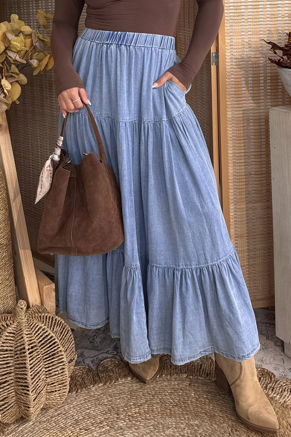 Elastic Waist Ruffled Tiered Flared Maxi Skirt - notariosoax