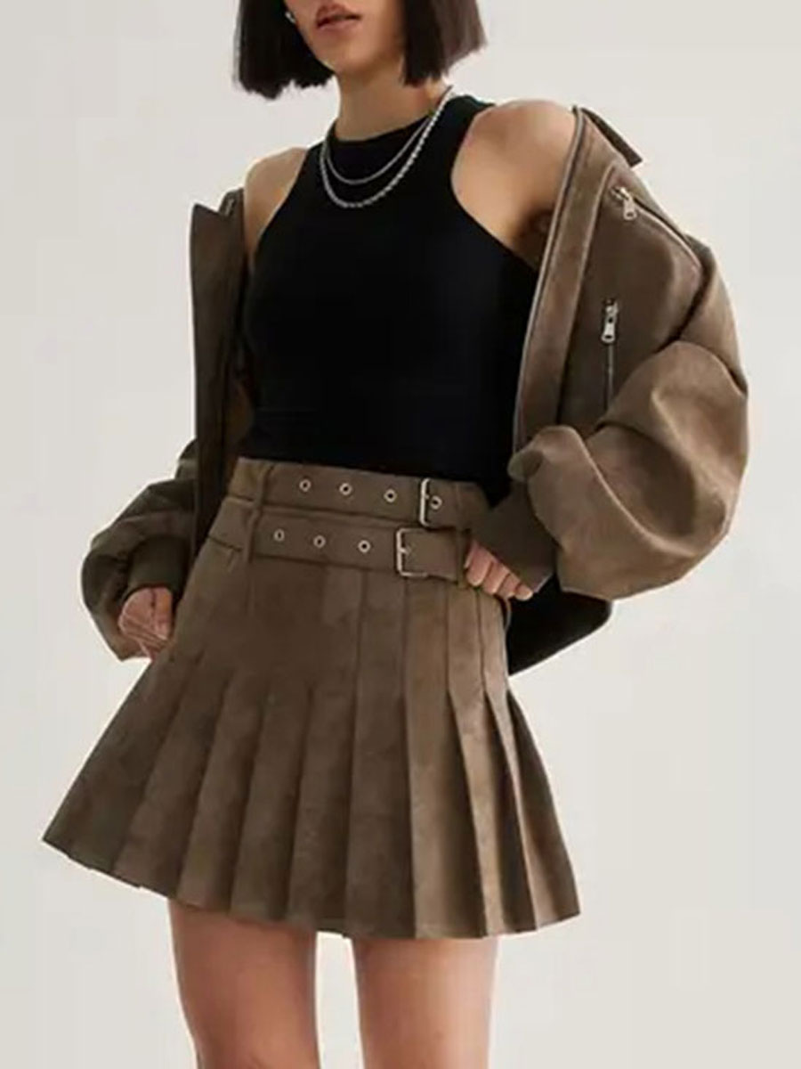 Lady's Fashionable Brown Belt-Embellished Pleated Skirt - notariosoax