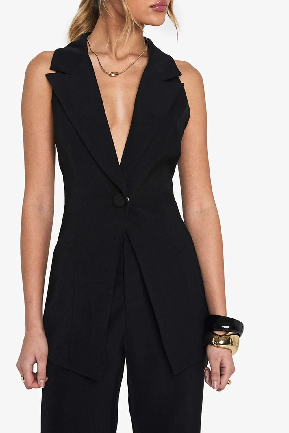 Sleeveless Deep V Single Button Ladies Vest - notariosoax