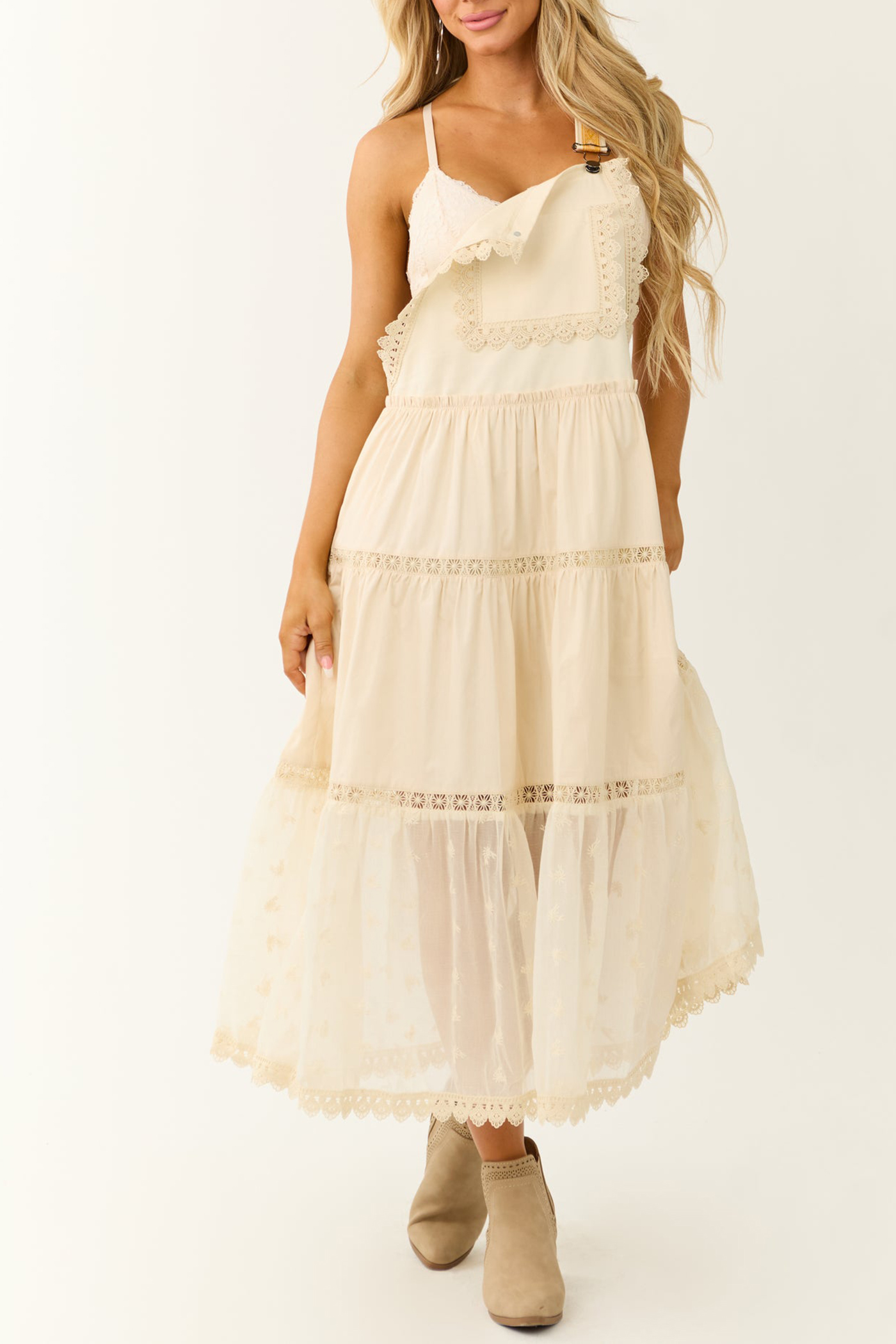 Almond Lace Tiered Overalls Maxi Dress - notariosoax