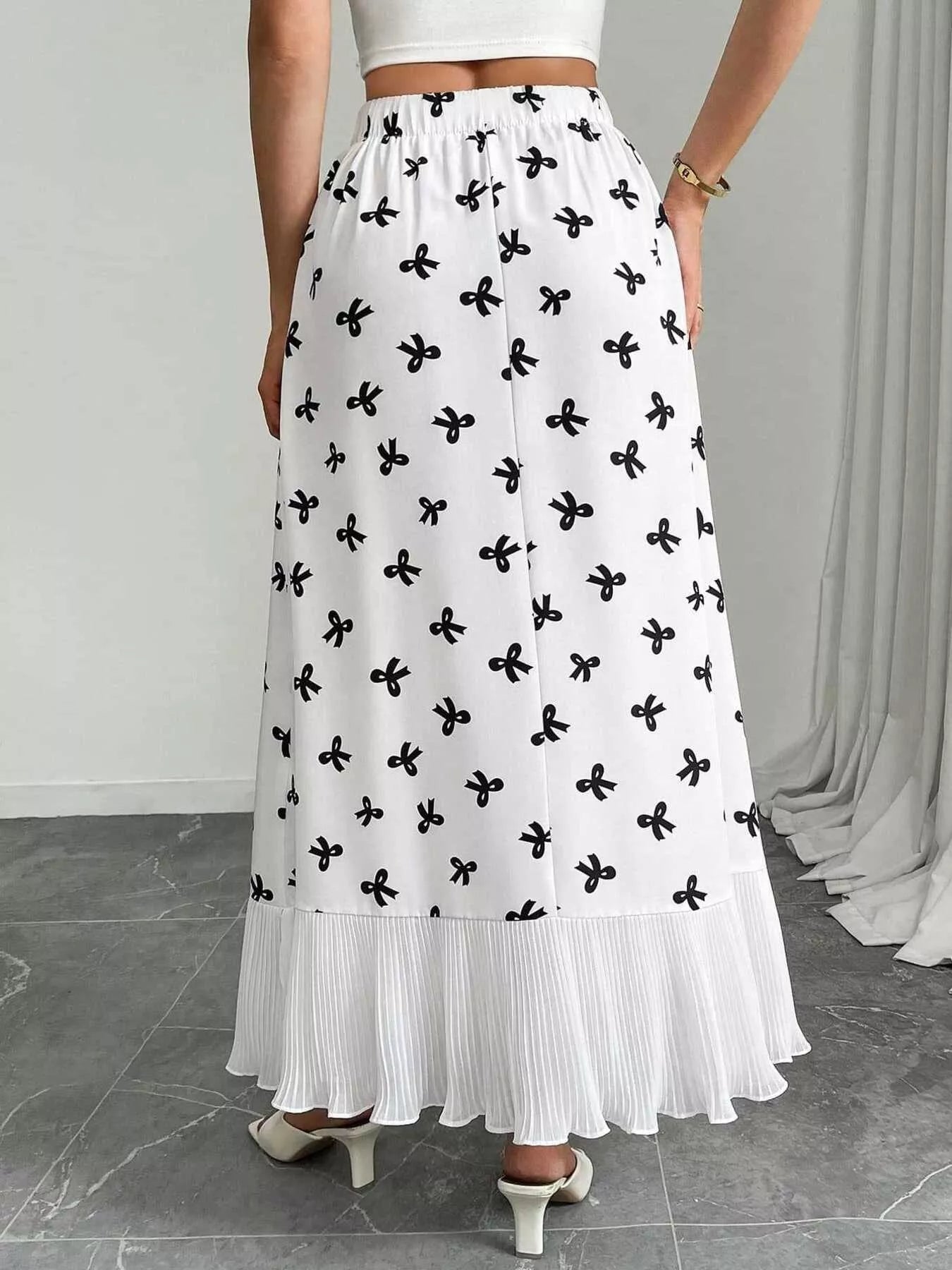 Bow Print Ruffle Hem Flowy Maxi Skirt - notariosoax