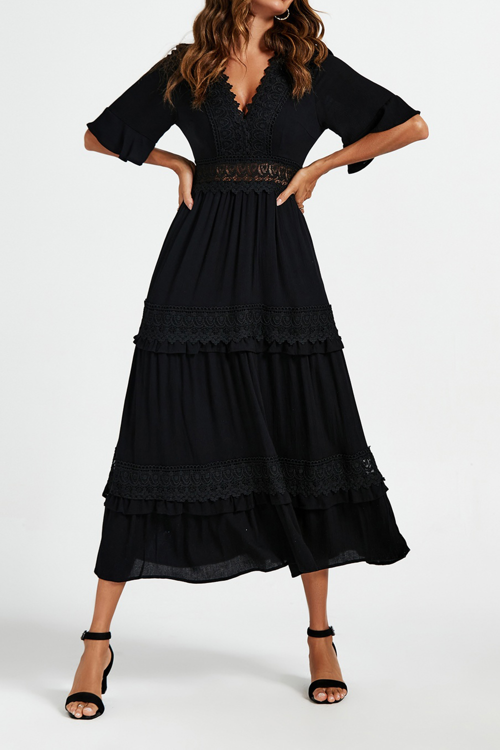Black V-Neck Lace Ladies Elegant Dress - notariosoax