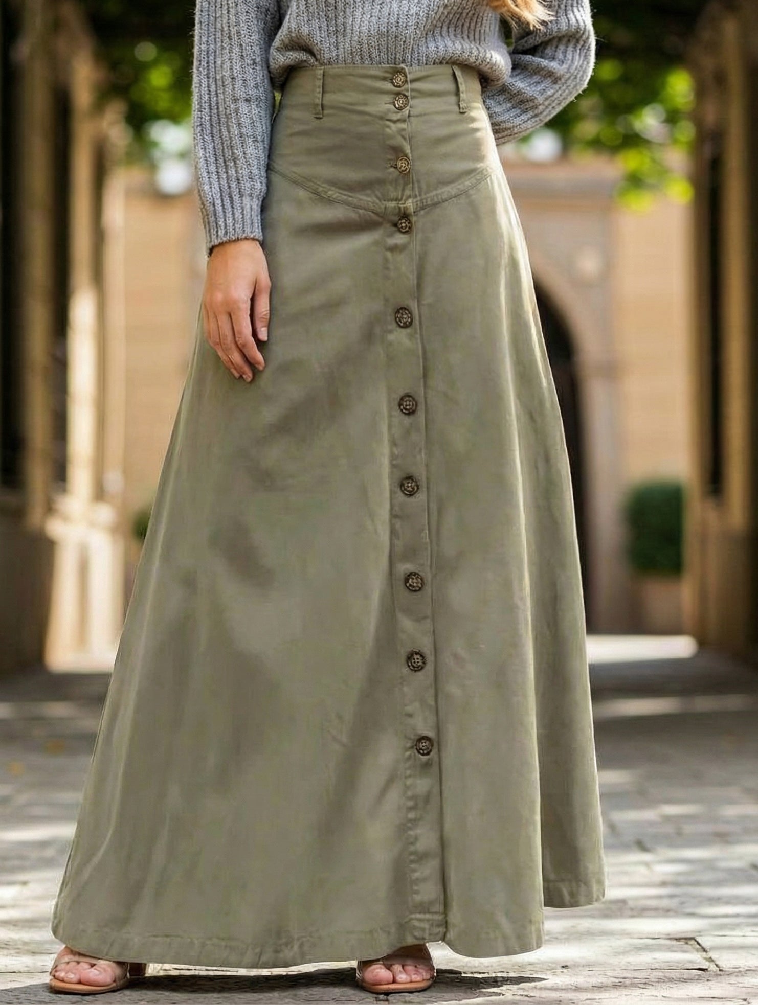Button Front Slit A-Line Midi Skirt - notariosoax