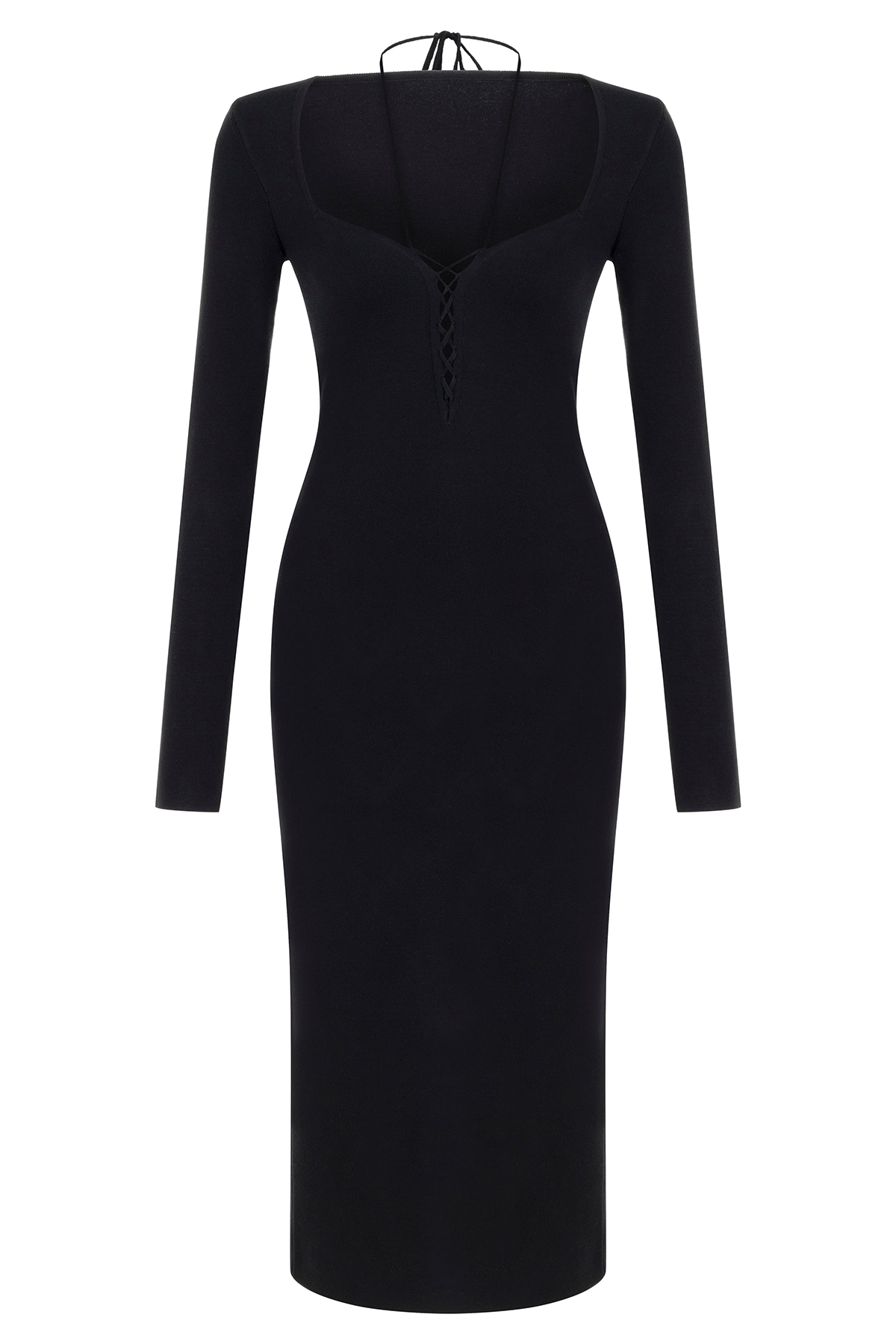 V-Neck Midi Dress-Black - notariosoax