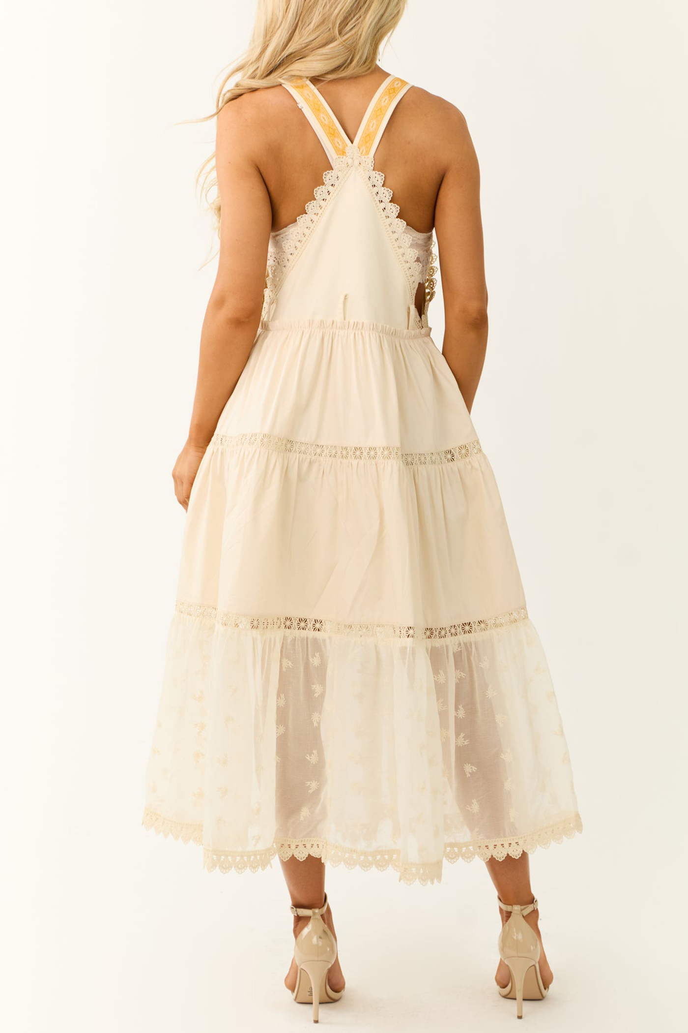Almond Lace Tiered Overalls Maxi Dress - notariosoax