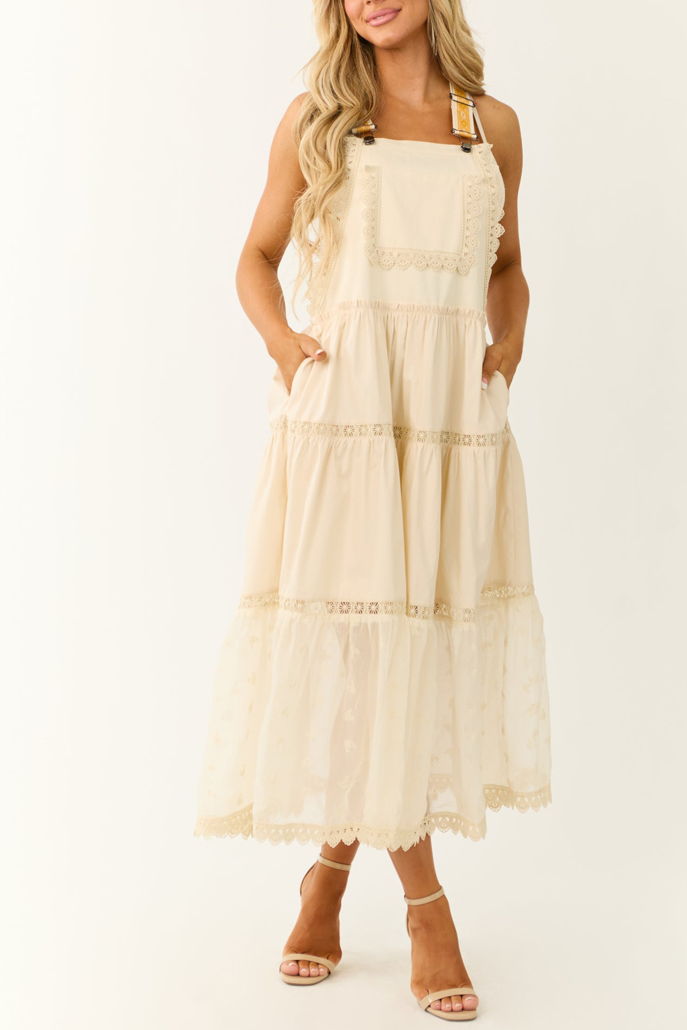 Almond Lace Tiered Overalls Maxi Dress - notariosoax