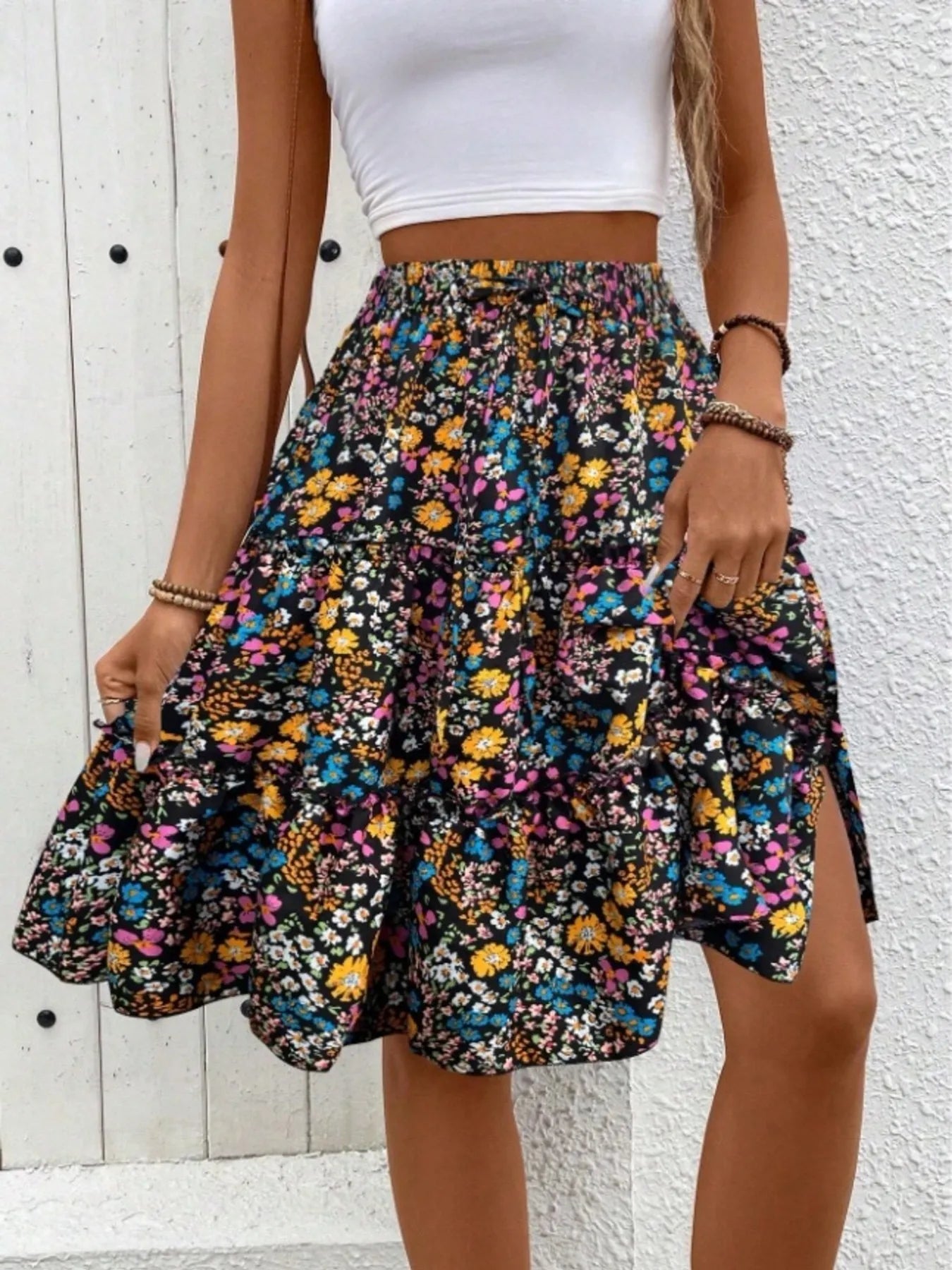 Textured Ruffle Trim Printed Silhouette Skirt - notariosoax