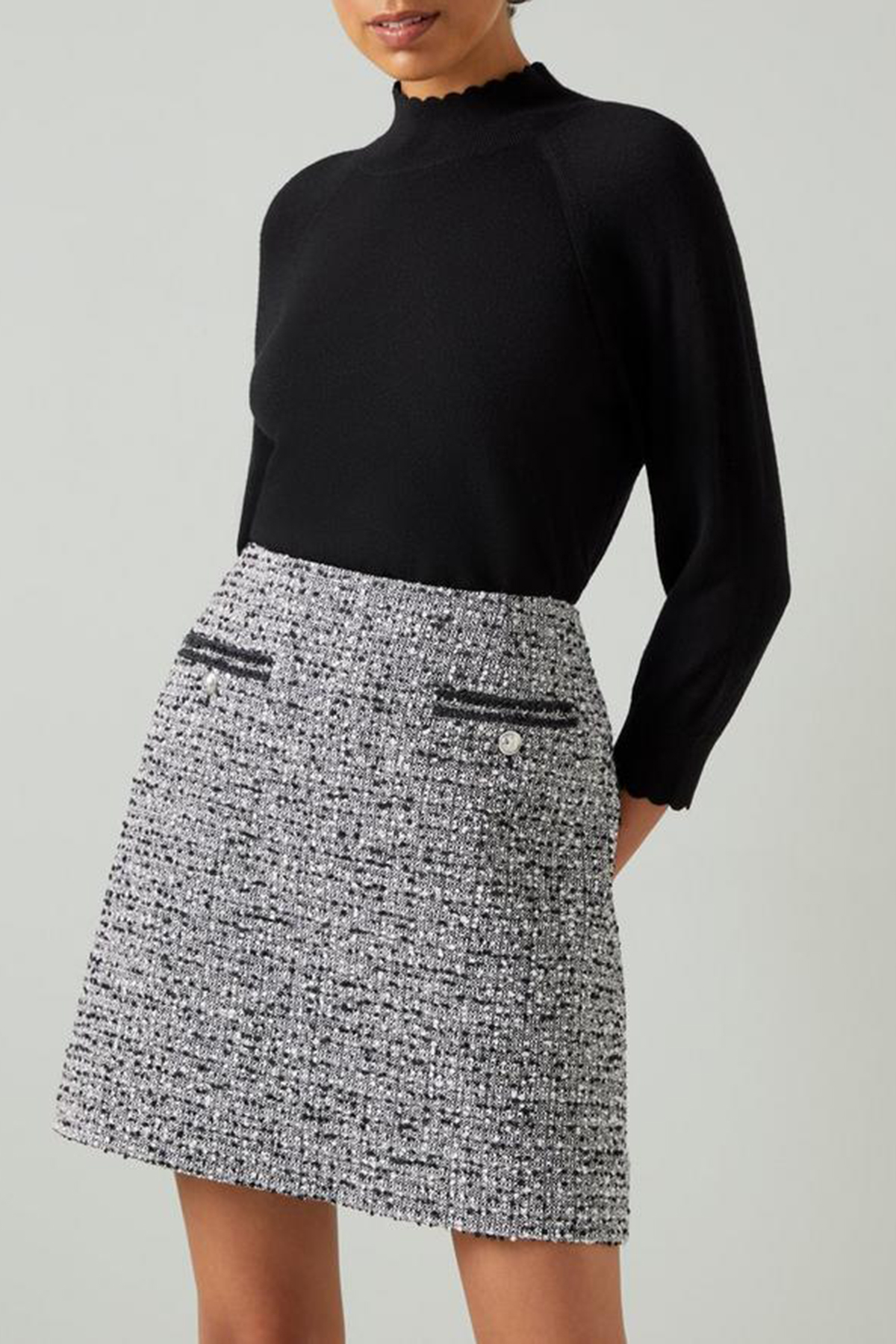 Black Cream Tweed Pocket Detail Mini Skirt - notariosoax