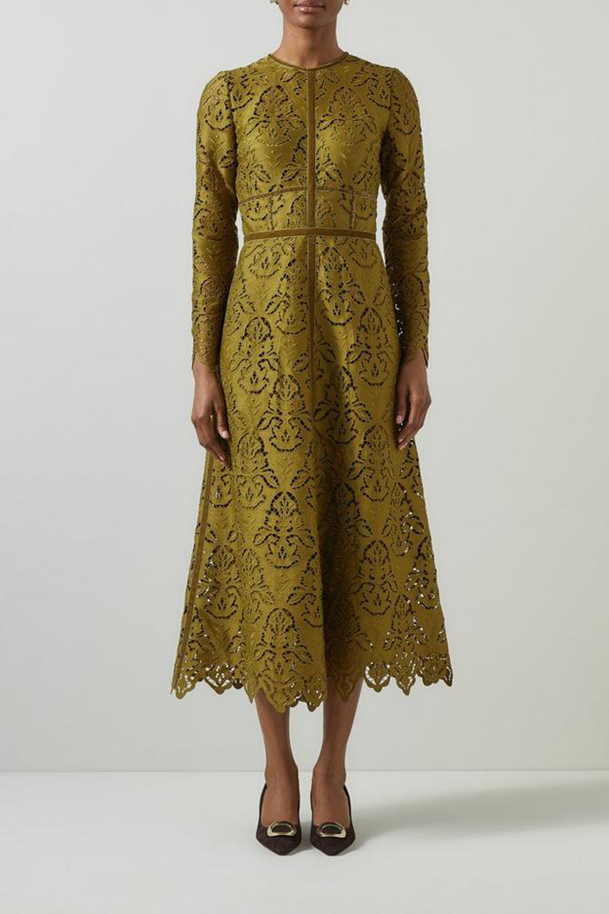 Olive Green Lace Detailed Long Sleeve Dress - notariosoax