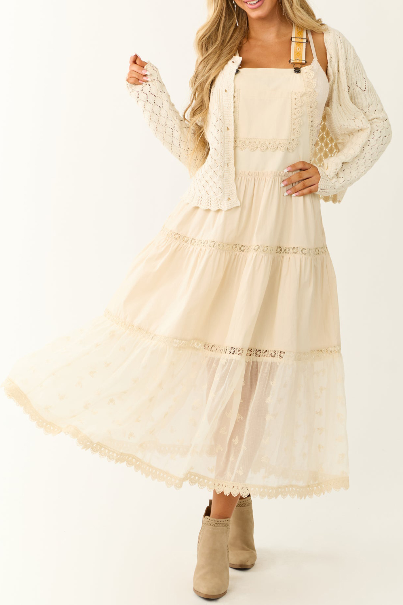 Almond Lace Tiered Overalls Maxi Dress - notariosoax