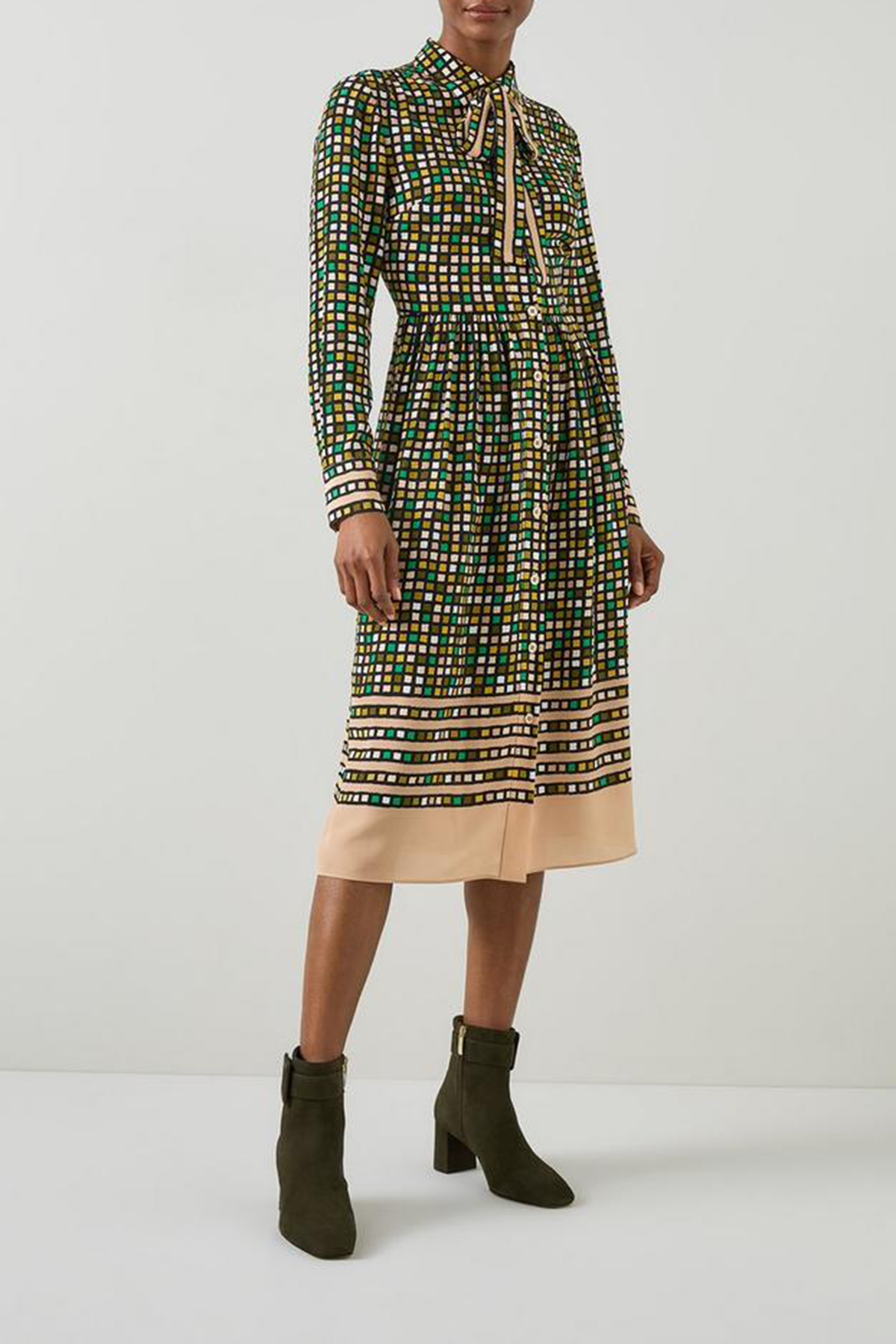 Green Checkered Tie Neck Two Tone Dress - notariosoax