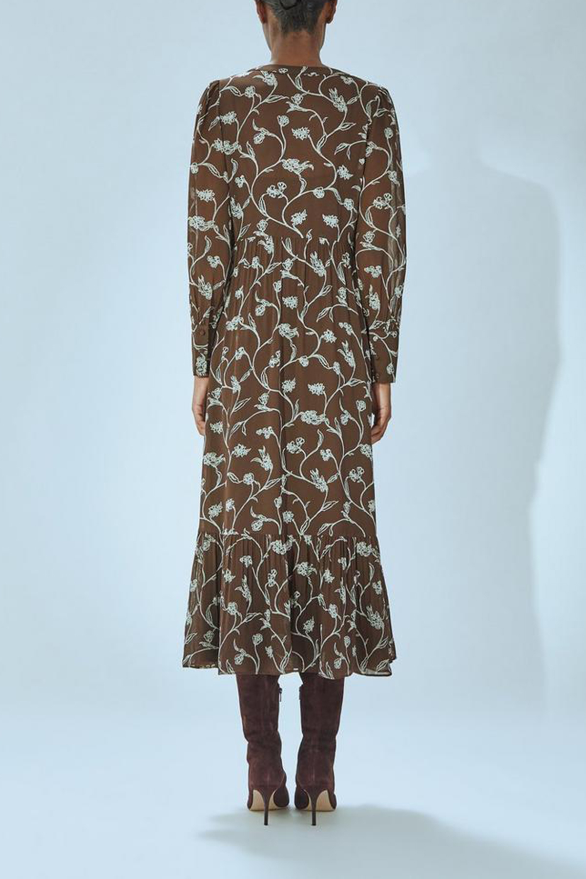 Brown Floral Print Long Sleeve Midi Dress - notariosoax