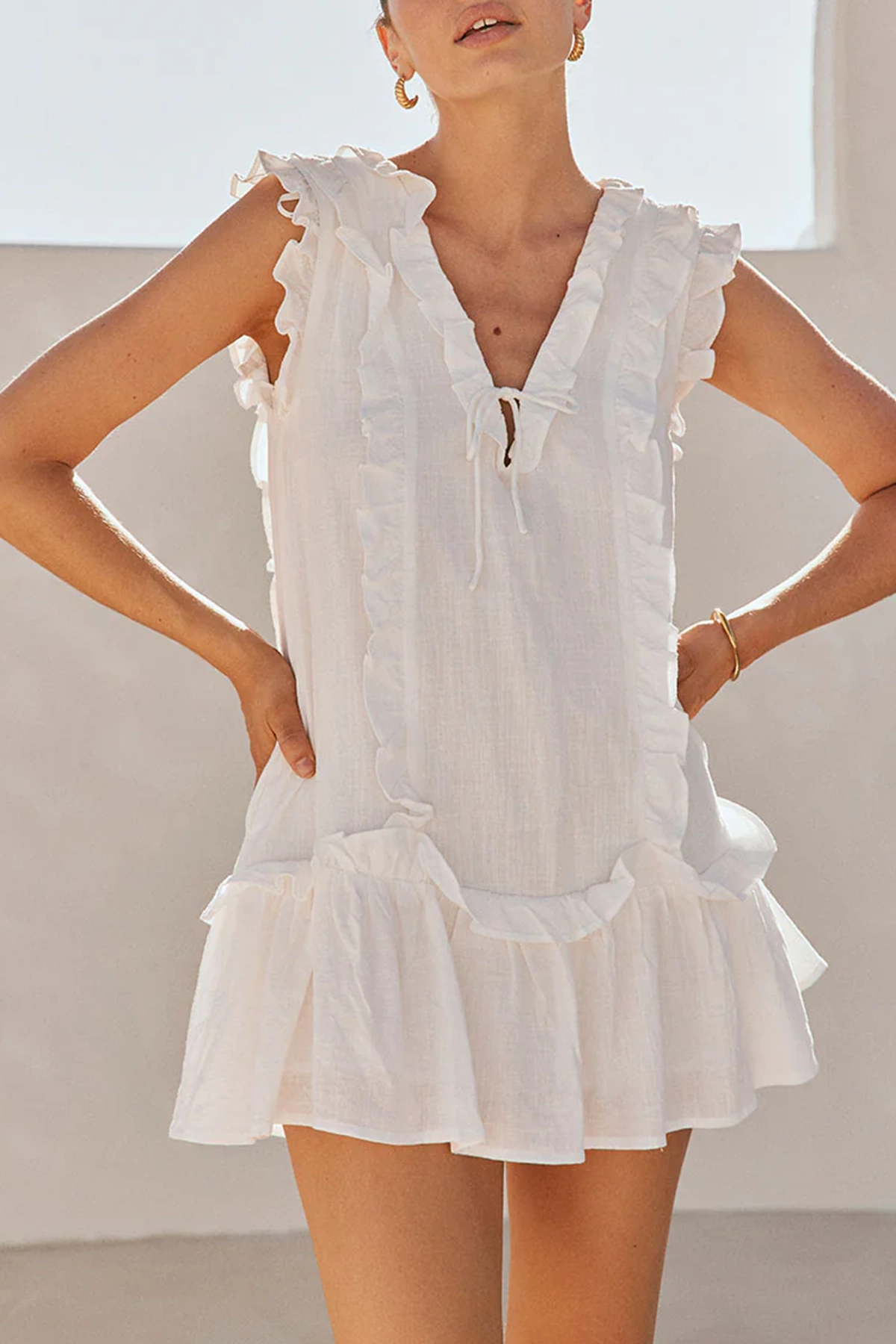 Ruffled V Neck Sleeveless Mini Dress - notariosoax