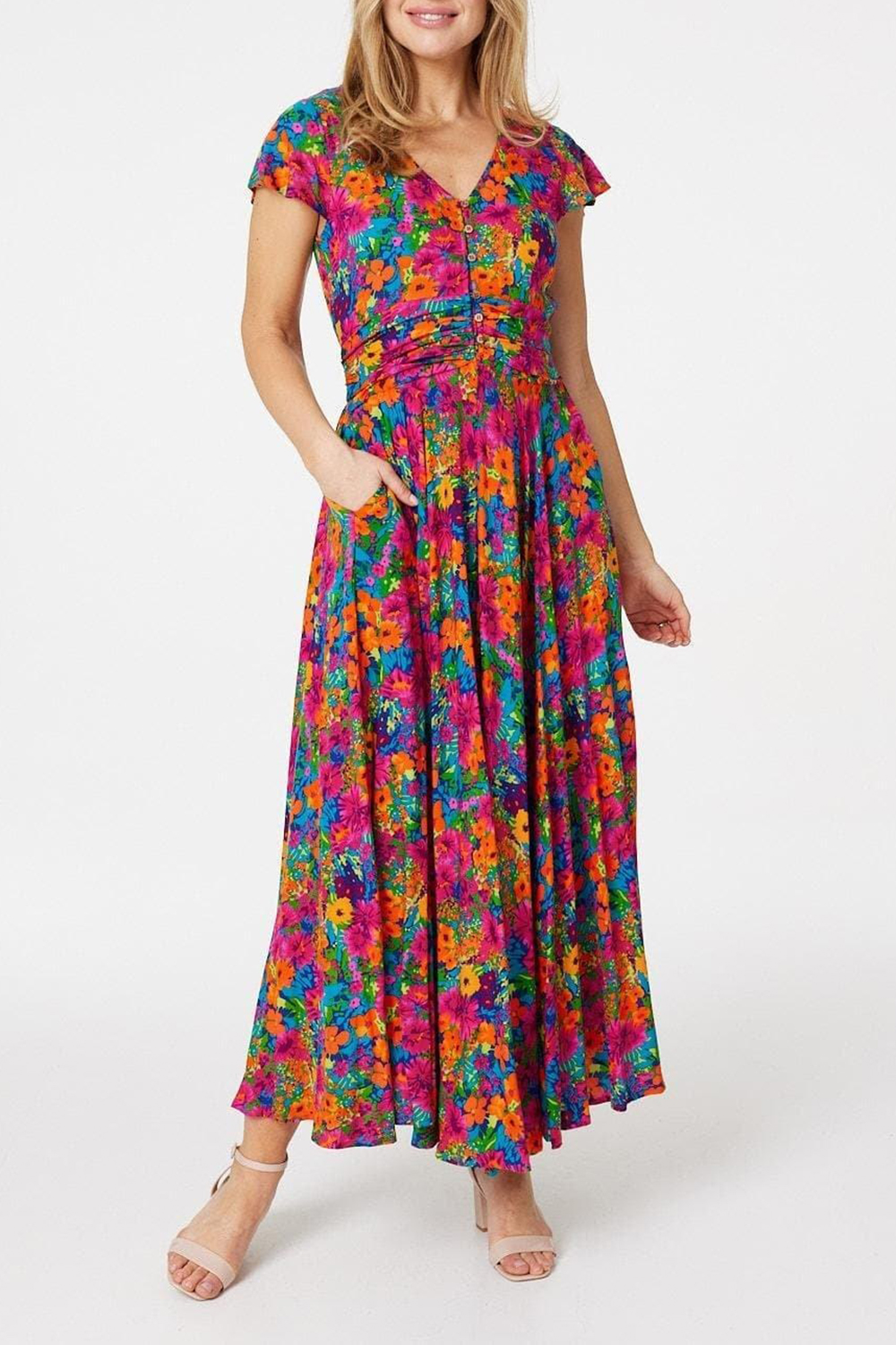 Colorful Floral Print Fitted Dress - notariosoax