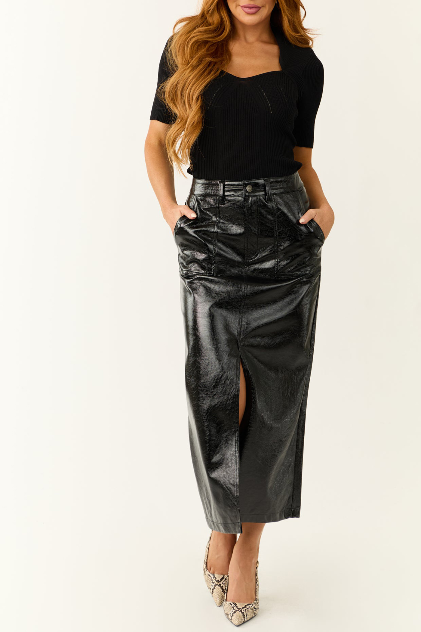 Black Shiny Faux Leather Front Slit Midi Skirt - notariosoax