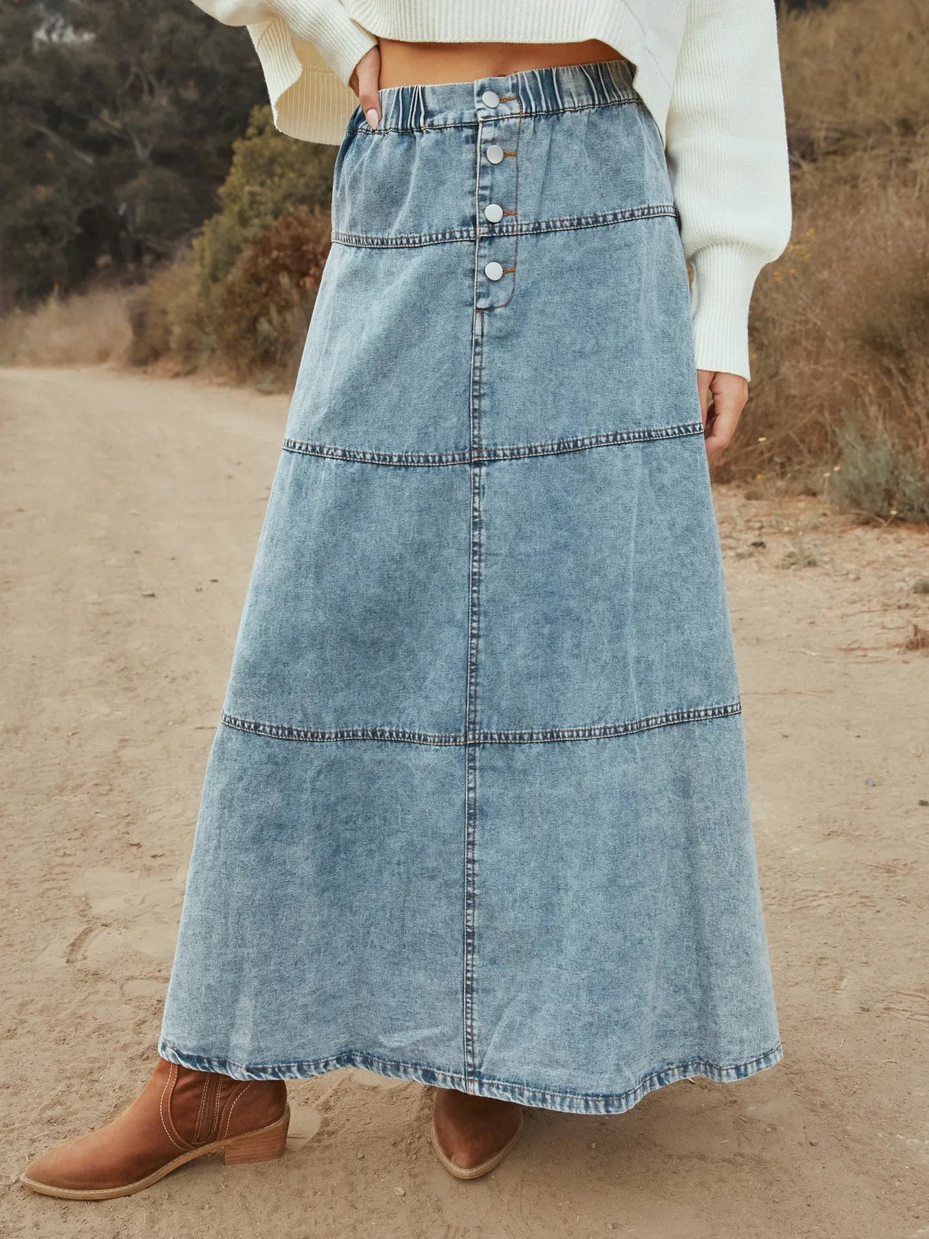 Trim Button Front Denim Detail Skirt - notariosoax