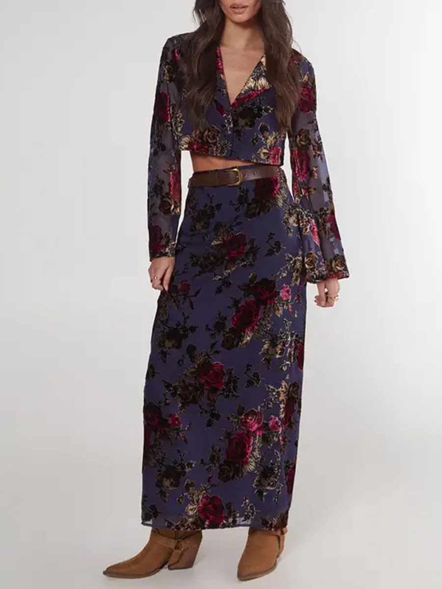 Women's Retro Velvet-Effect Floral Maxi Skirt - notariosoax