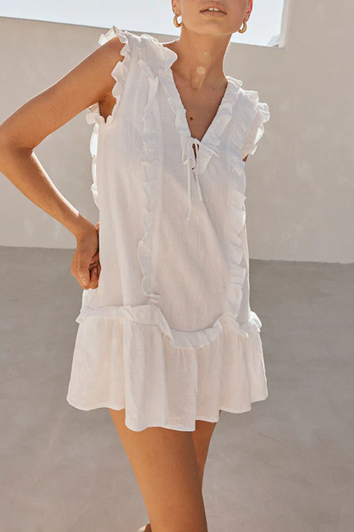 Ruffled V Neck Sleeveless Mini Dress - notariosoax