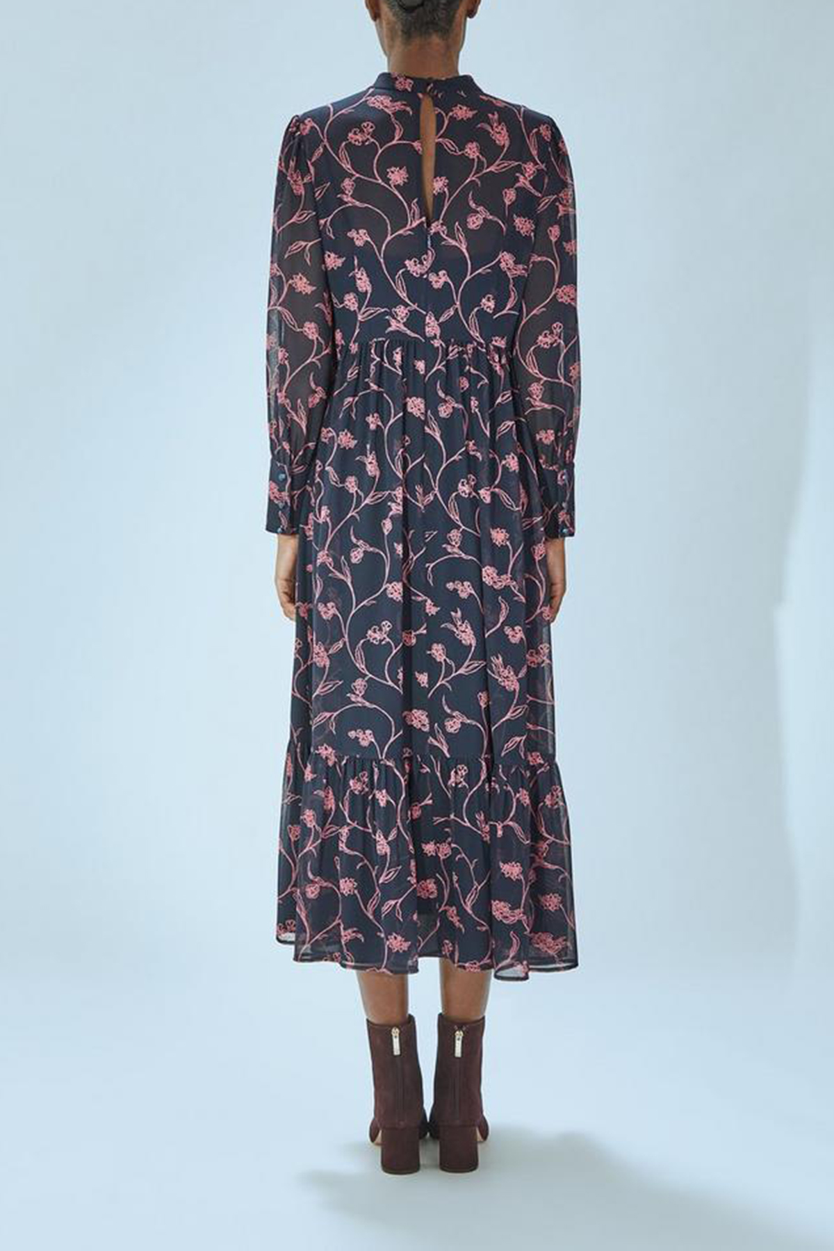 Navy Blue Floral Print Long Sleeve Midi Dress - notariosoax
