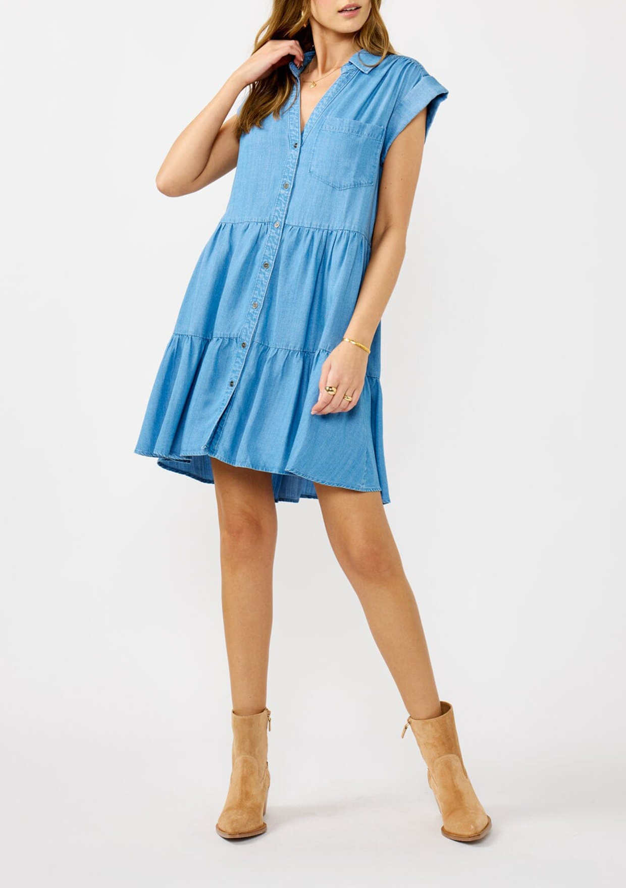 Tiered Button Up Cap Sleeve Dress - notariosoax