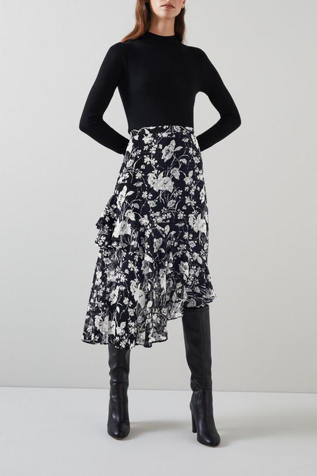 Black Cream Floral Print Tiered Midi Skirt - notariosoax